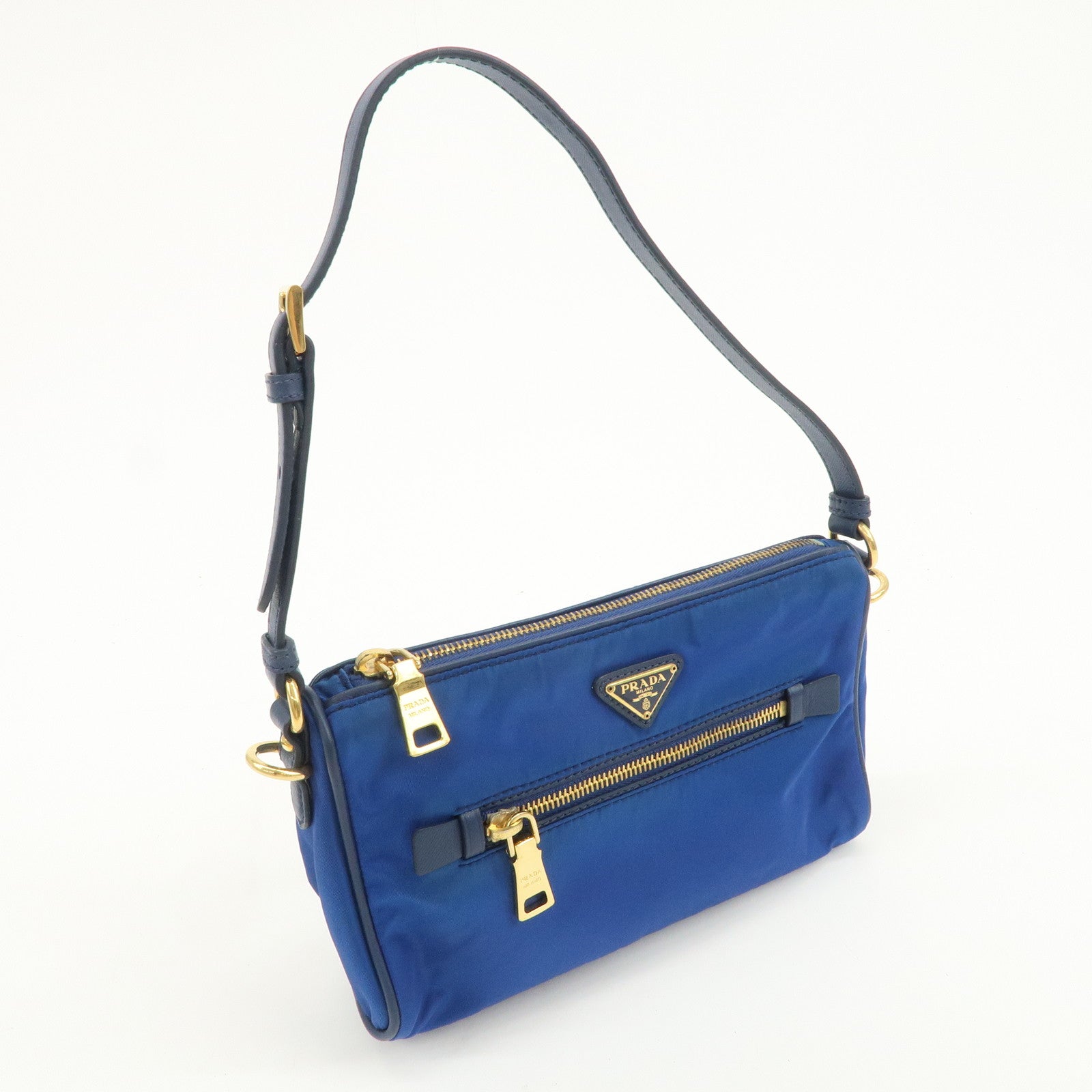 PRADA Triangle Logo Nylon Leather Mini Shoulder Bag Blue BN1834