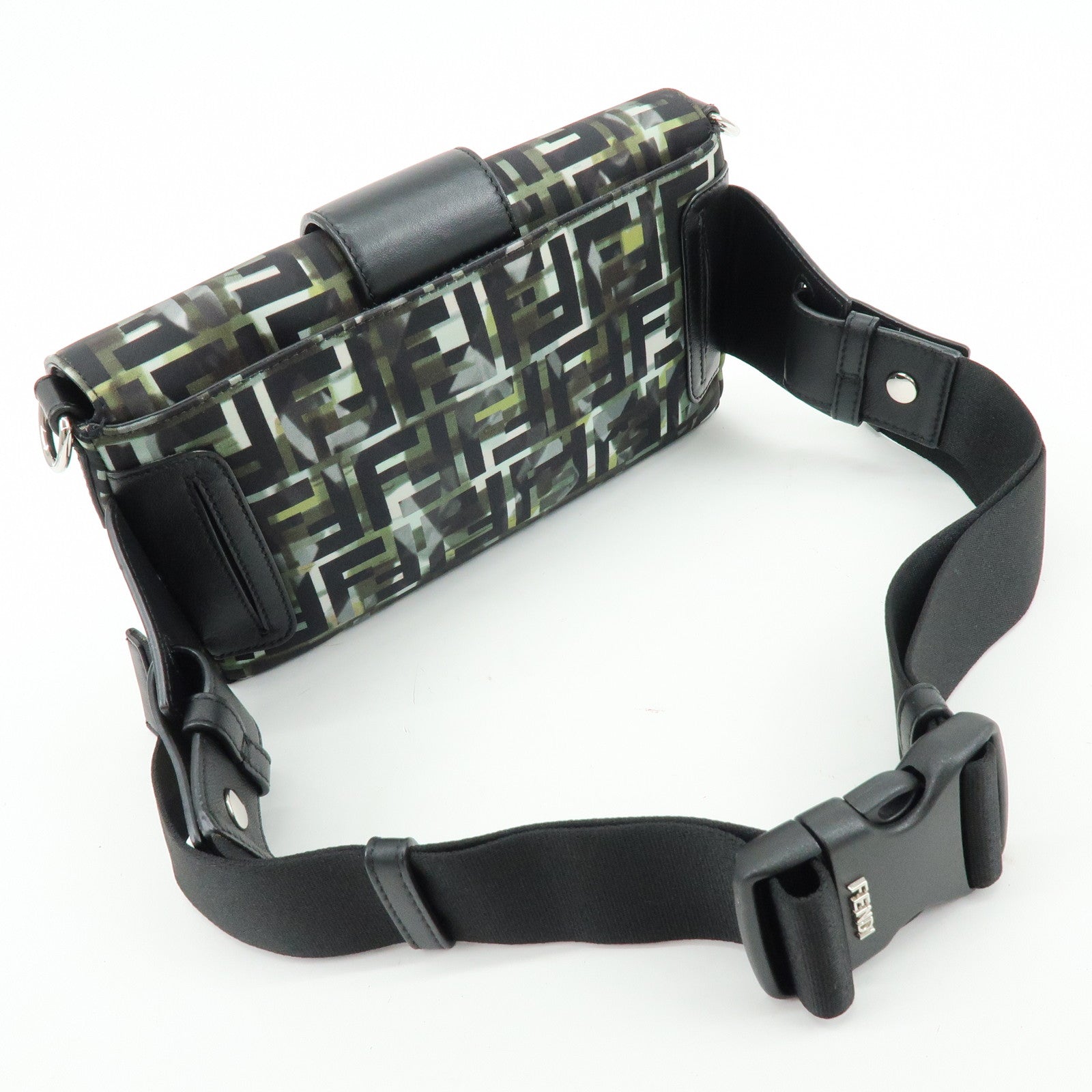 FENDI Zucca Nylon Leather Shoulder Bag Waist Bag Black Green 7VA472