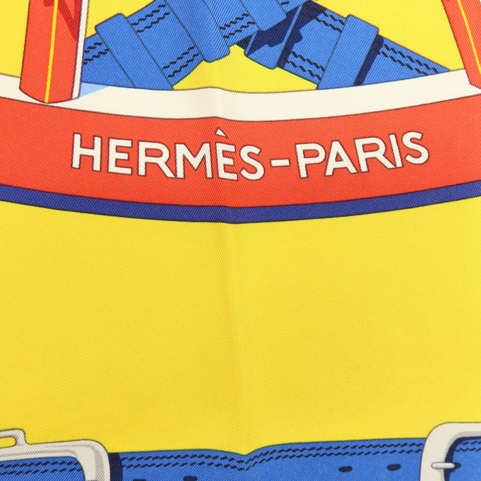 HERMES Carre 90 Silk 100% Scarf En Roue Libre Belt Print Yellow