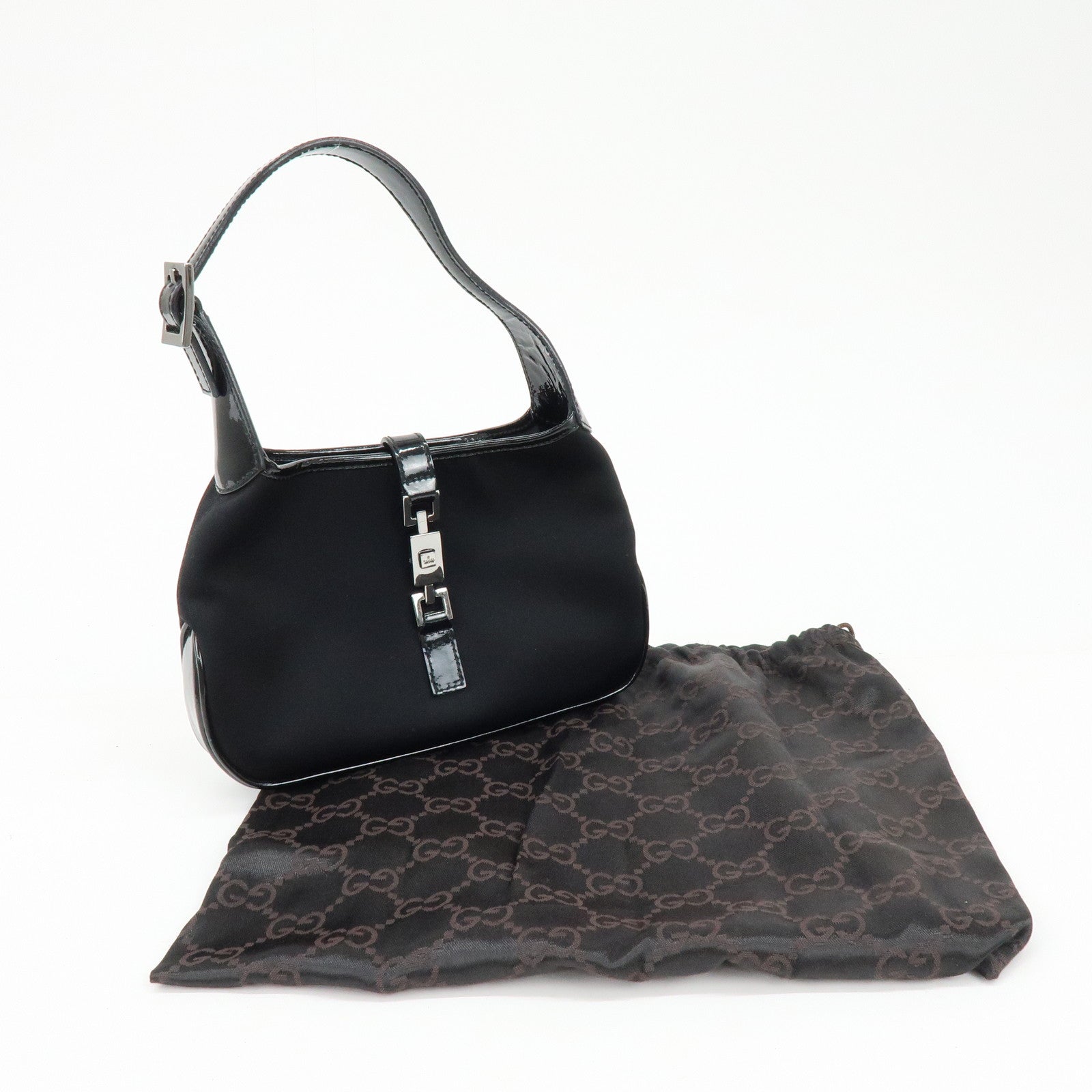 GUCCI Jackie Nylon Patent Leather Hand Bag Black 005・0775