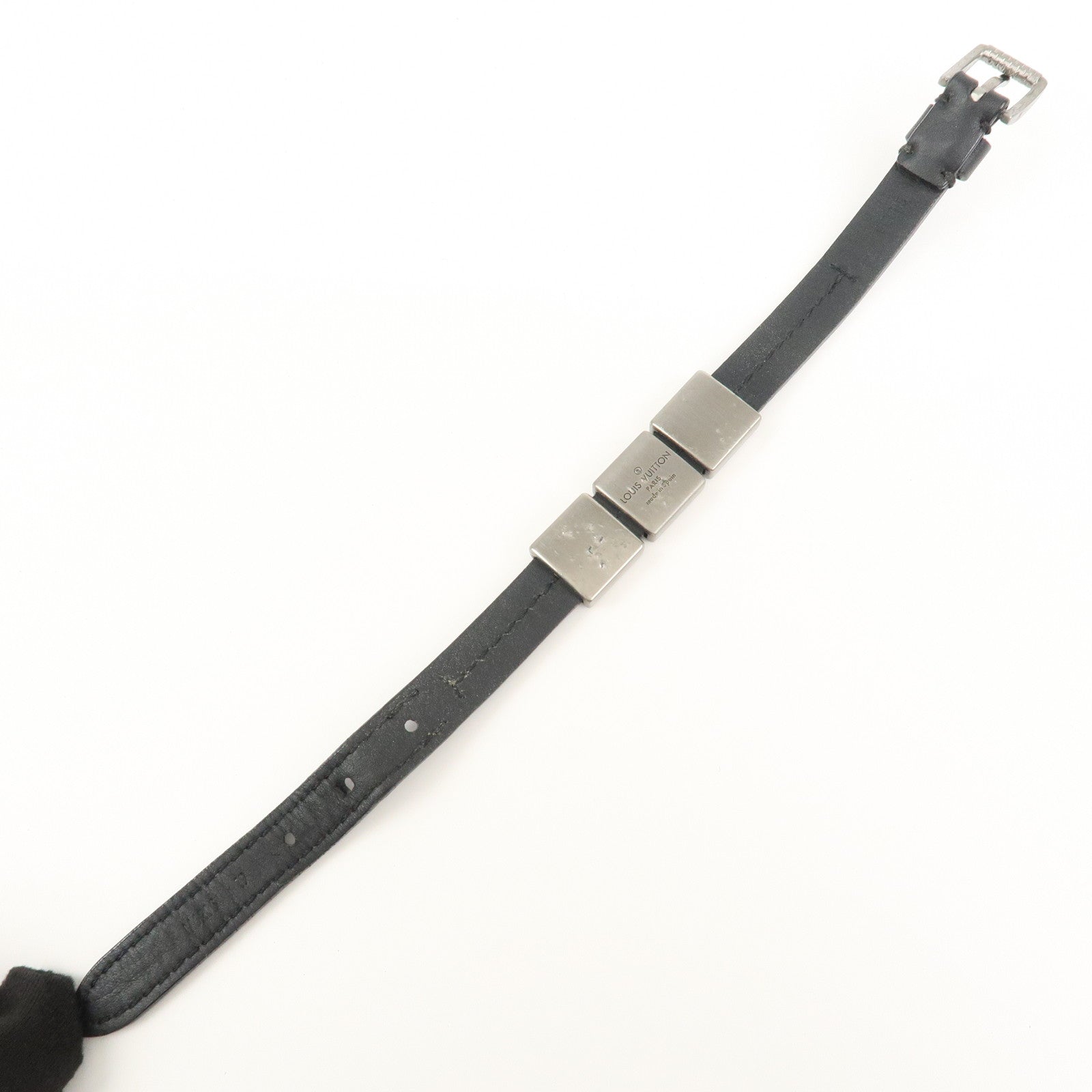 Louis Vuitton Leather Bracelet Black Silver M6205
