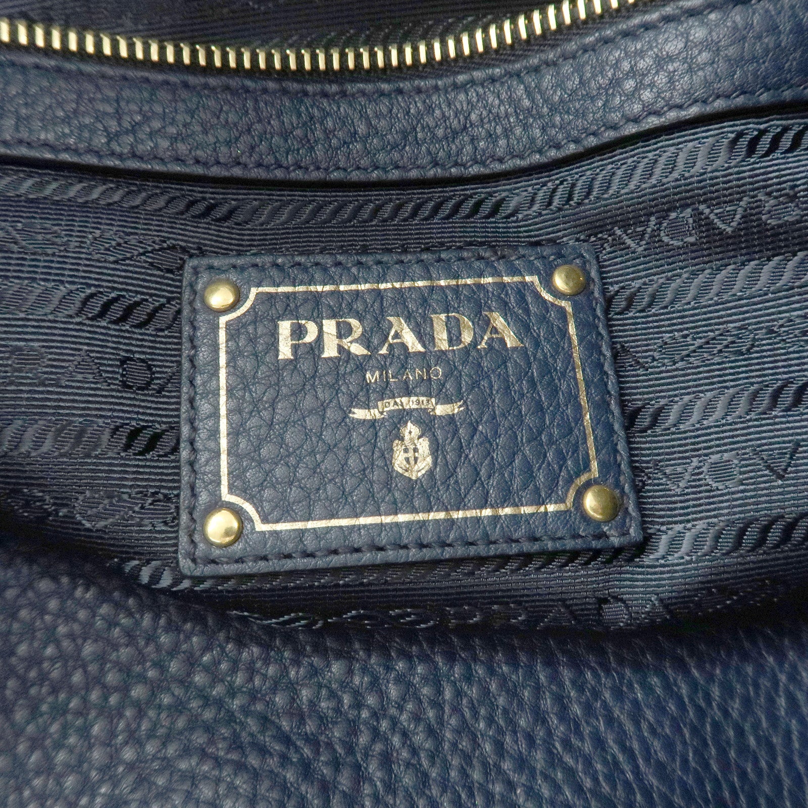 PRADA Logo Leather Tote Bag Shoulder Bag Navy Light Brown 1BG064