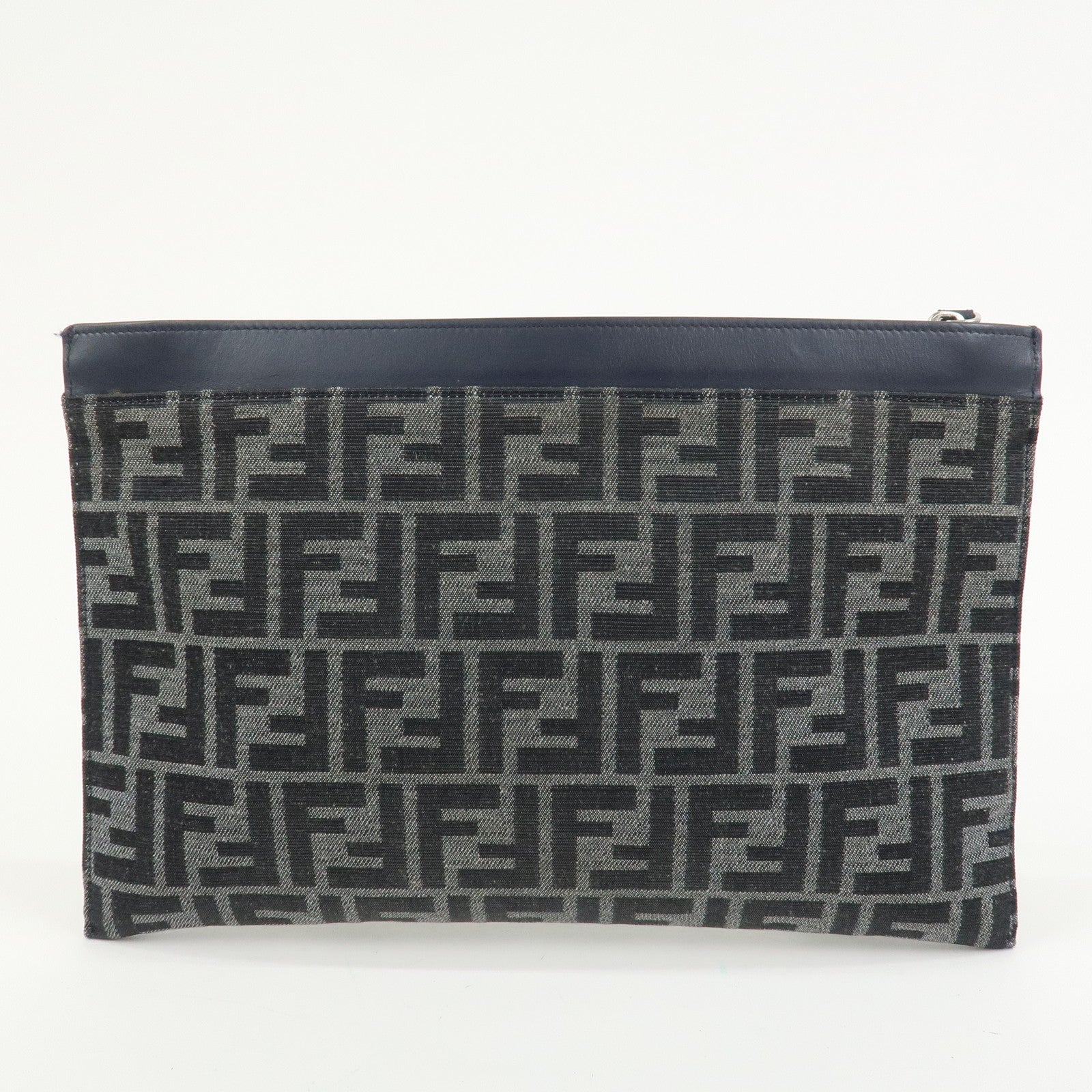 FENDI Zucca Flat Slim Canvas Leather Clutch Bag Navy 7N0134