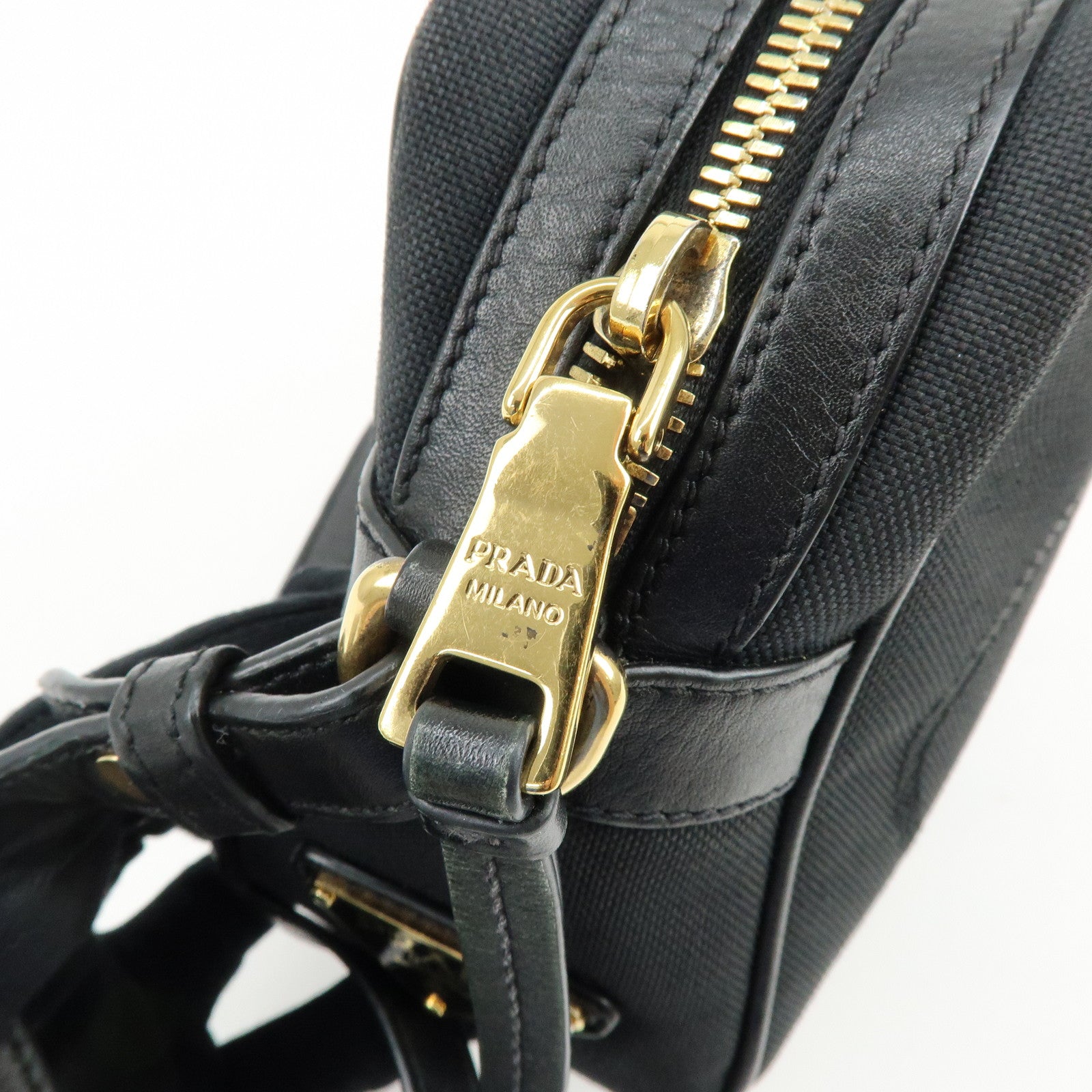 PRADA Triangle Logo Jacquard Leather Shoulder Bag Black 1BH089