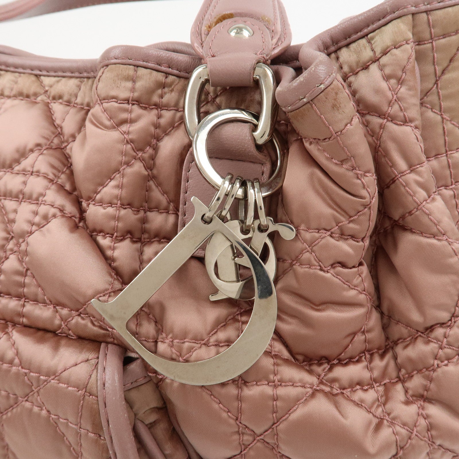 Christian Dior Cannage Nylon Leather Hand Bag Tote Bag Pink