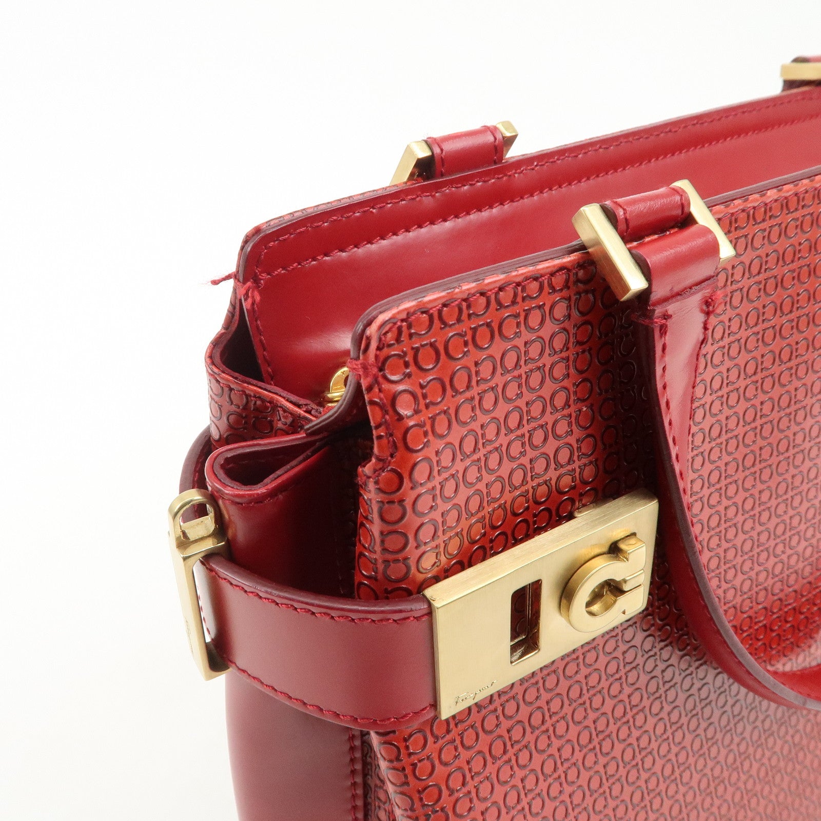 Ferragamo Gancini Leather 2WAY Bag Hand Bag Shoulder Bag Red