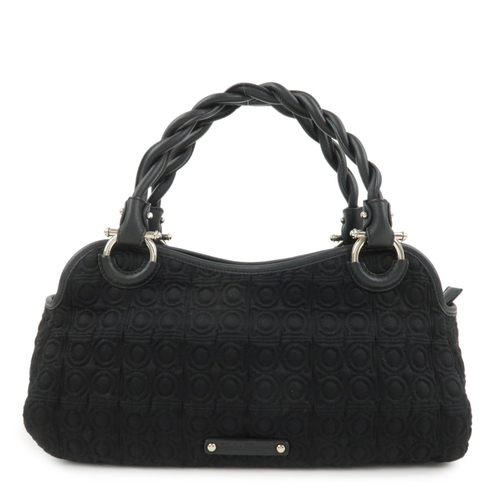 Ferragamo Gancini Canvas Leather Hand Bag Black Silver