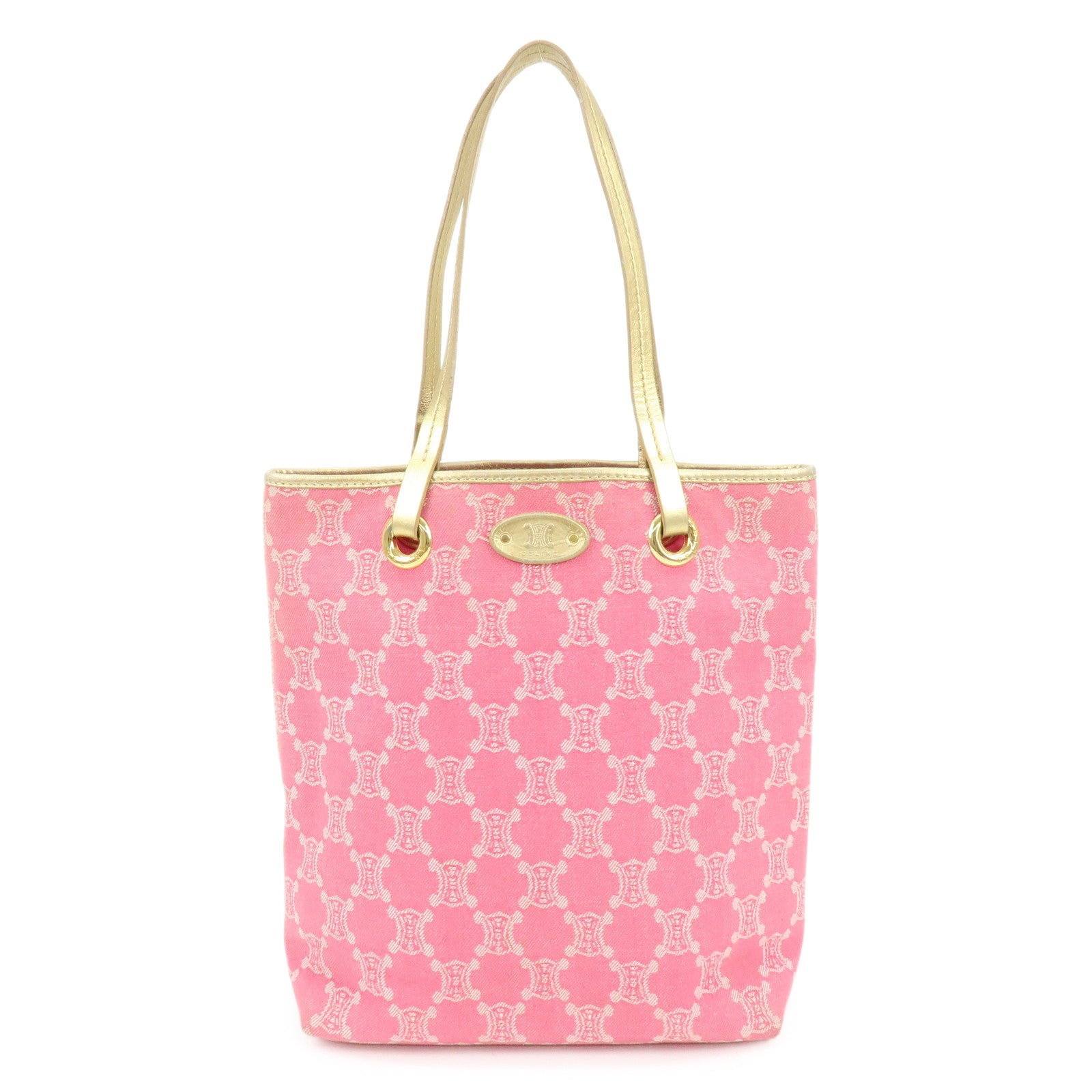 CELINE Macadam Logo Canvas Leather Tote Bag Shoulder Bag Pink Gold