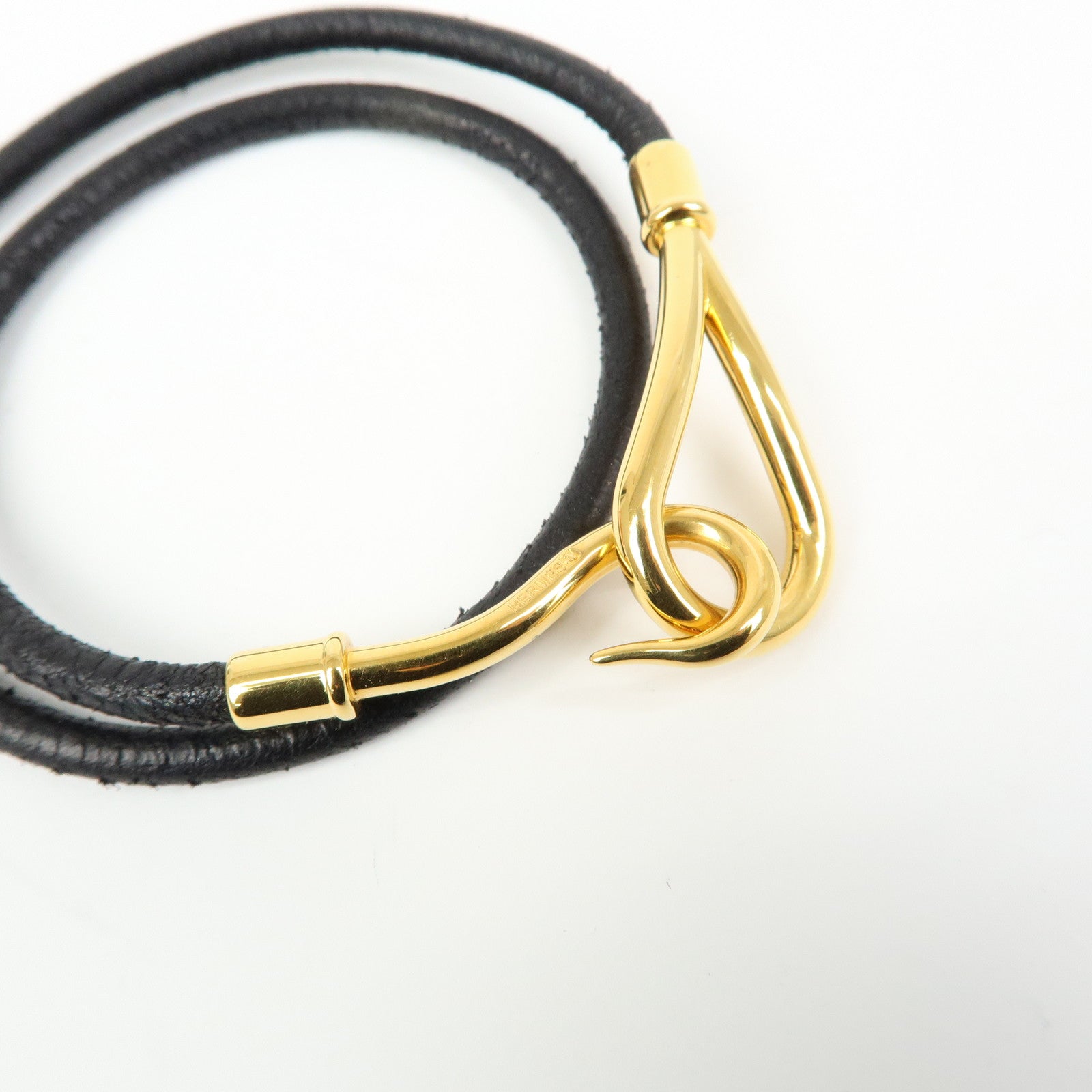 HERMES Jumbo Choker Leather Metal Bracelet Black Gold