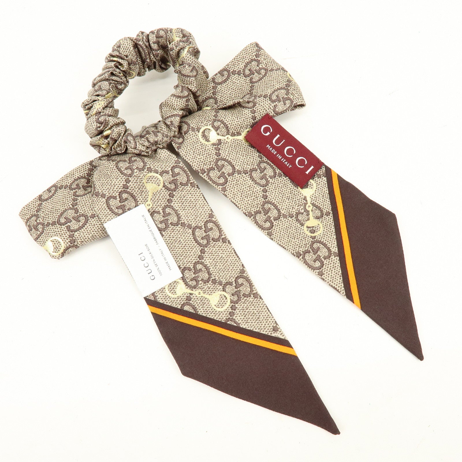 GUCCI Horsebit Silk 100% Scrunchie Hair Accessory Gray Beige Brown
