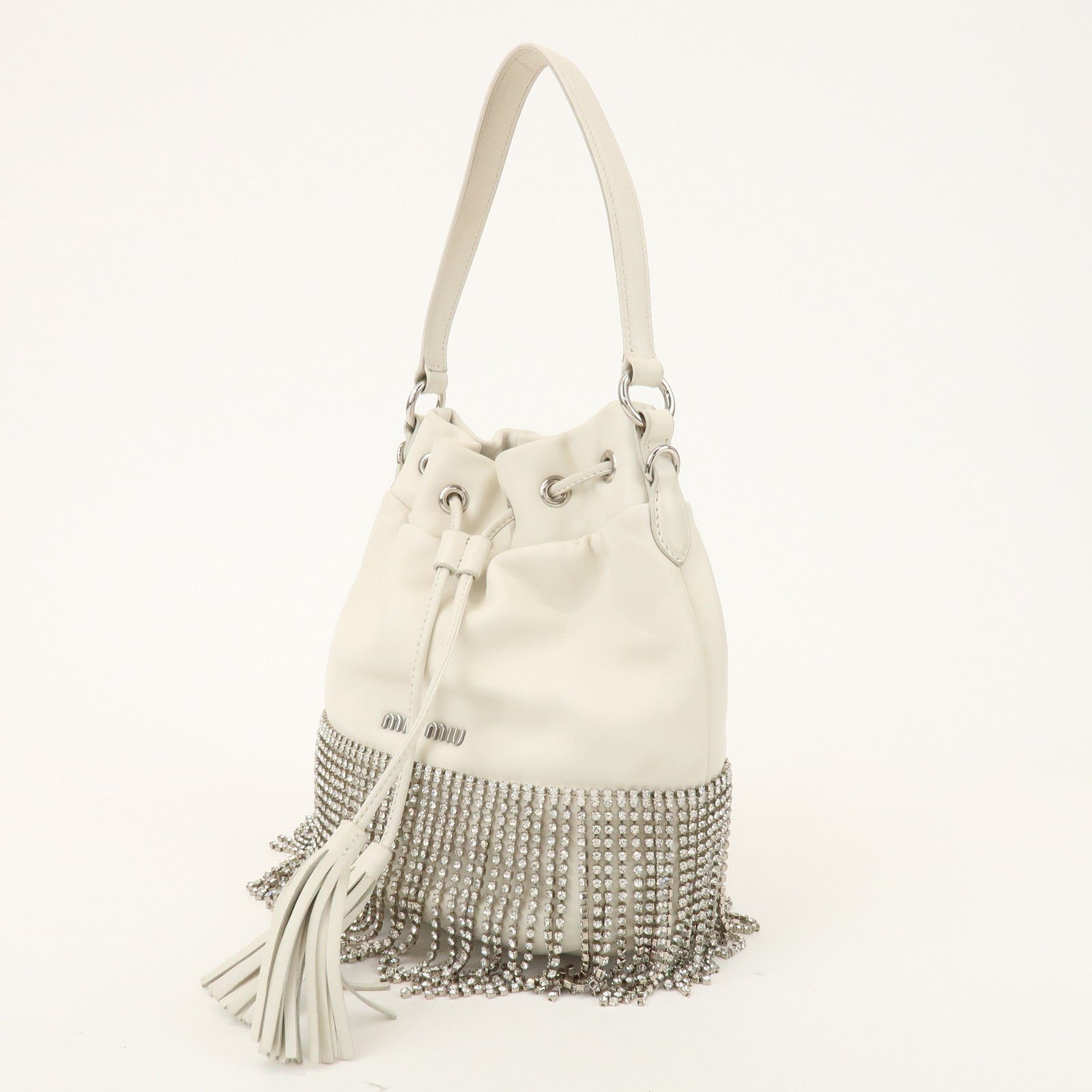 MIU MIU Logo Nappa Leather Strass Fringe 2Way Bag White 5BE014