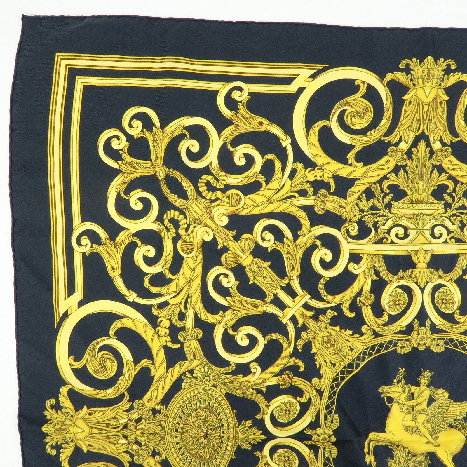 HERMES Carre 90 Silk 100% Scarf LES TUILERIES Black Gold