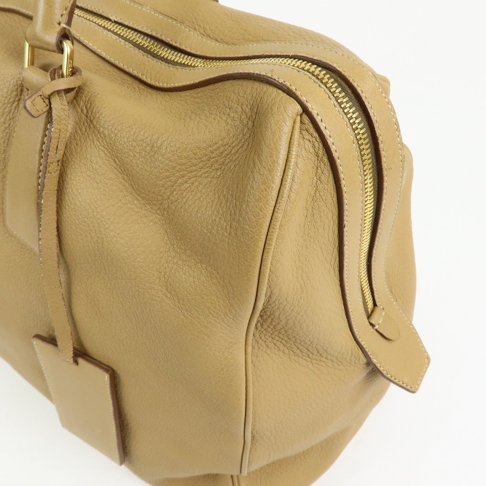 PRADA Logo Leather Boston Bag Hand Bag Travel Bag Brown