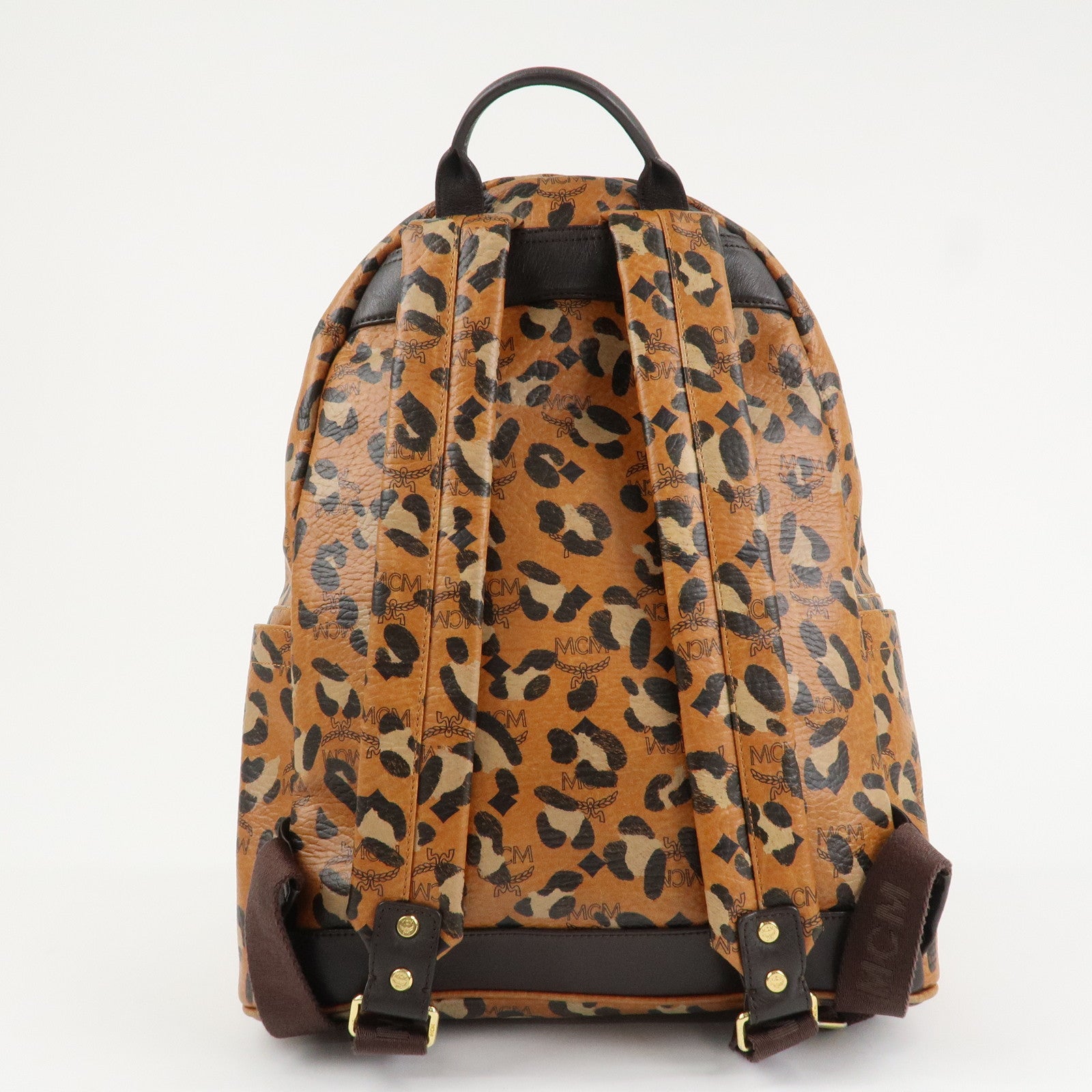 MCM Visetos Leather Leopard Back Pack Black Beige Brown Gold HDW Used