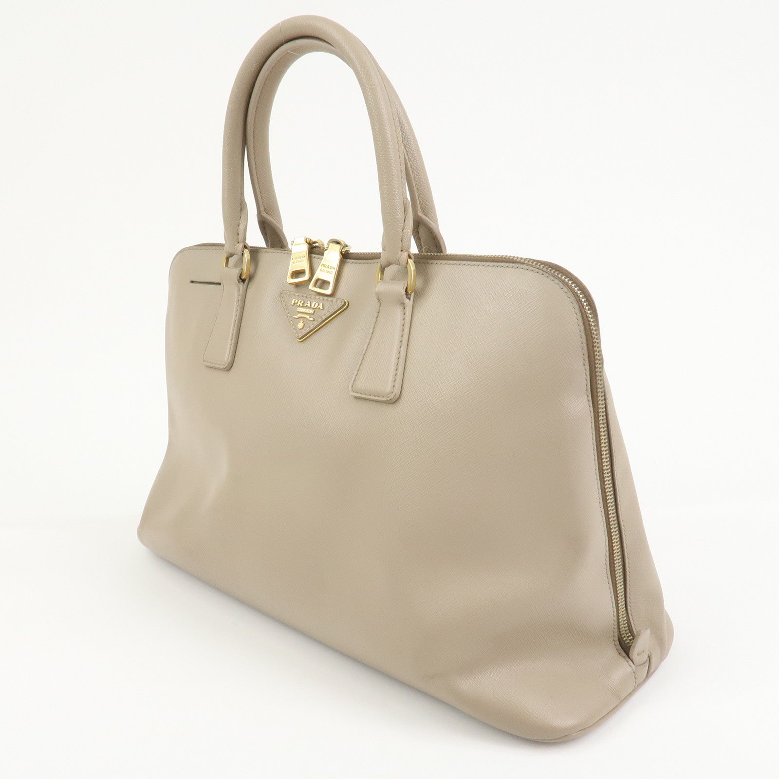 PRADA Triangle Logo Saffiano Leather Hand Bag Greige BL0812