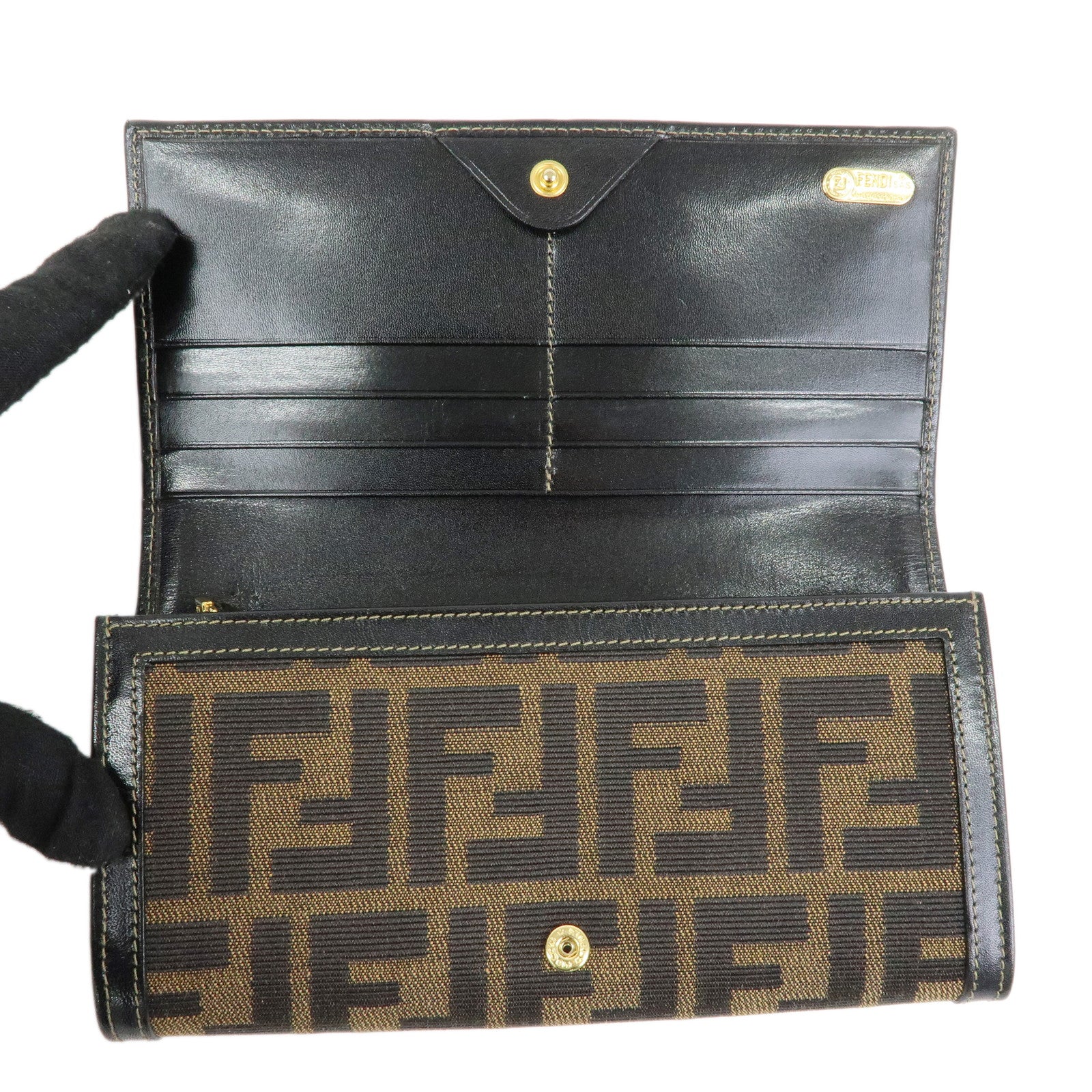 FENDI Zucca Canvas Leather Long Flap Wallet Brown Black 30851
