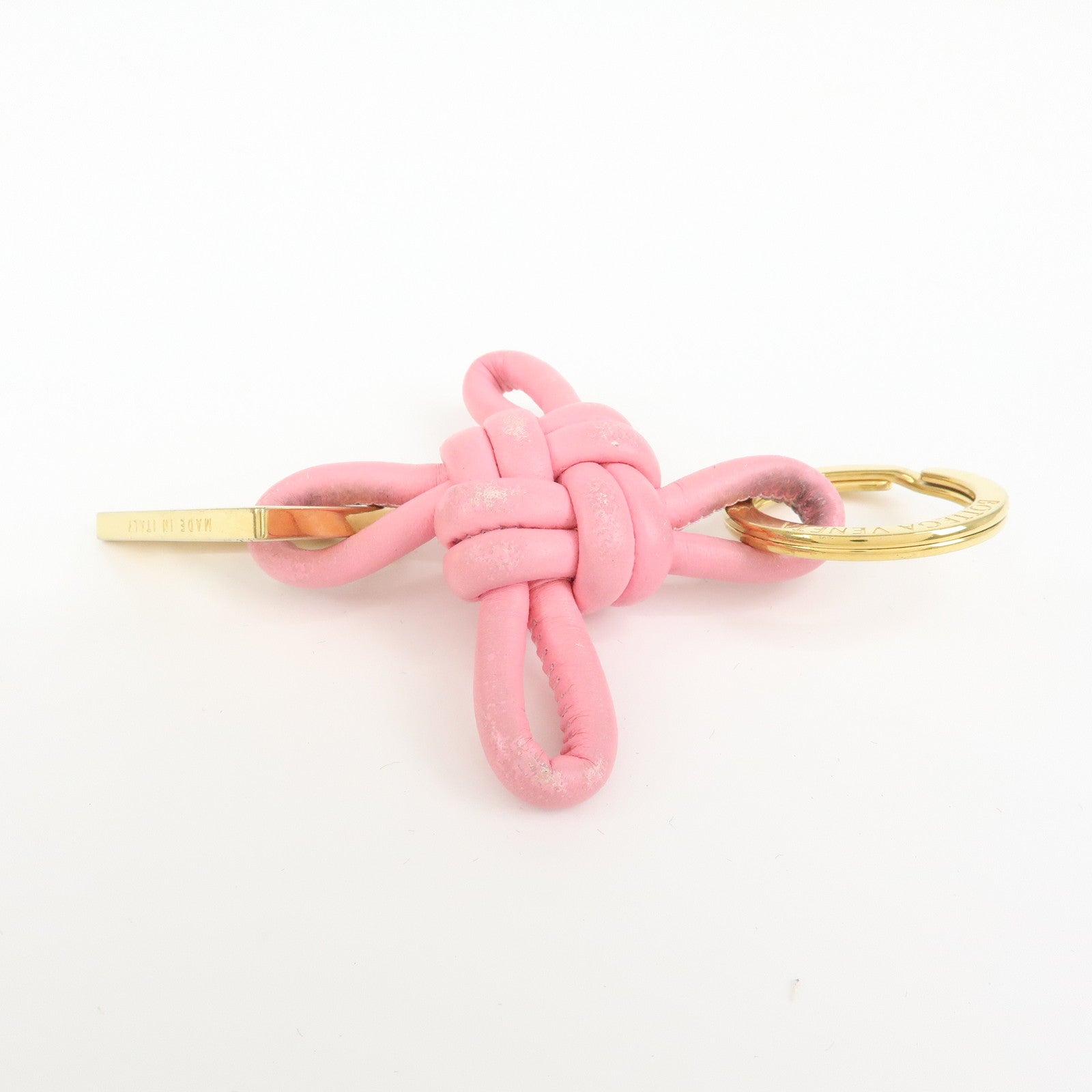 BOTTEGA VENETA Leather Metal Bag Charm Key Chain Gold Pink
