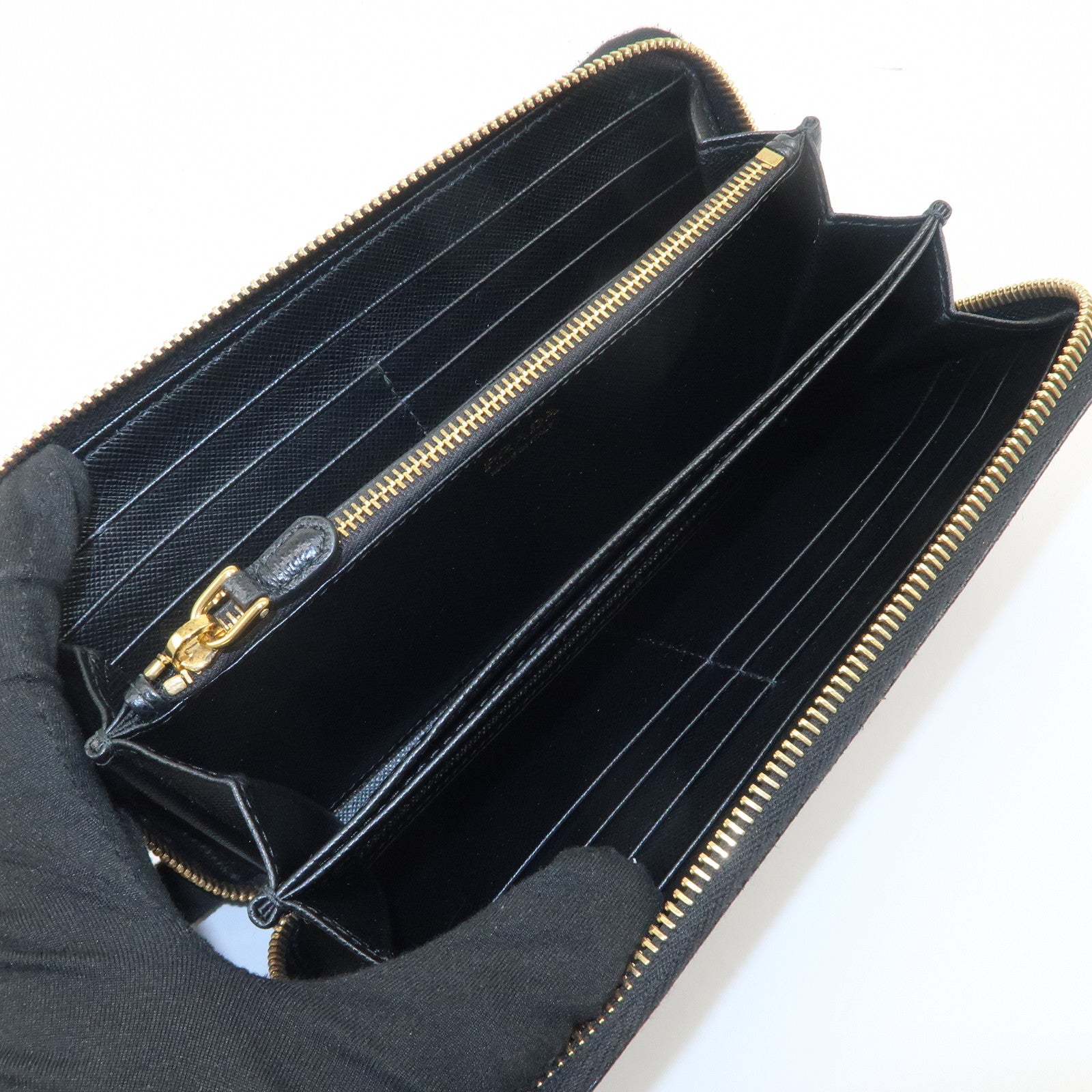 PRADA Logo Saffiano Leather Round Zippy Long Wallet Black