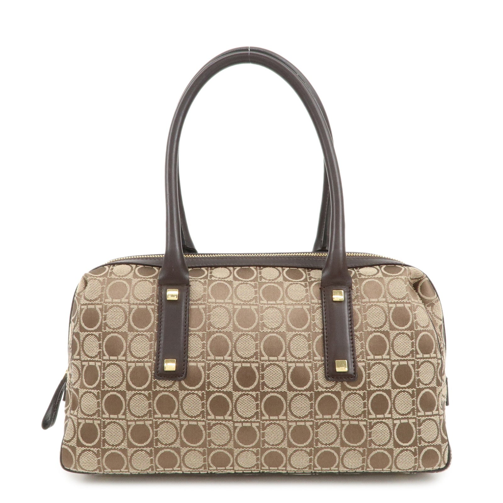 Ferragamo Gancini Leather Canvas Shoulder Bag Hand Bag Beige Brown