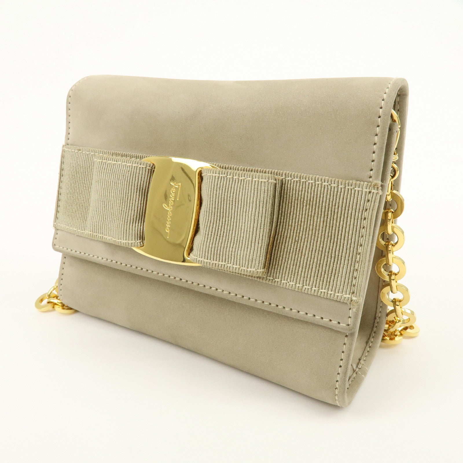 Ferragamo Vara Suede 3Way Chain Shoulder Bag Clutch Waist Bag Beige