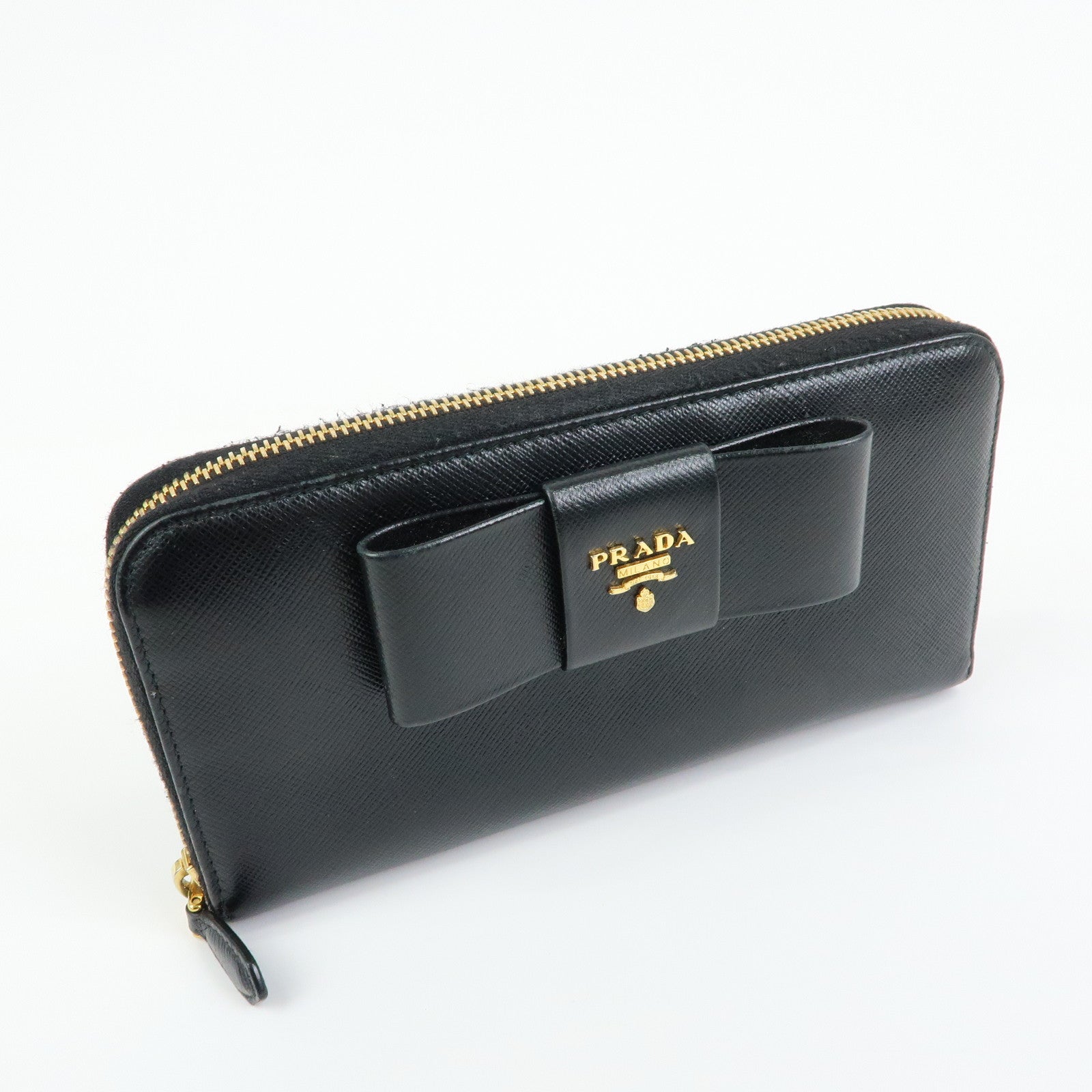 PRADA Logo Saffiano Leather Round Zippy Long Wallet Ribbon 1ML506