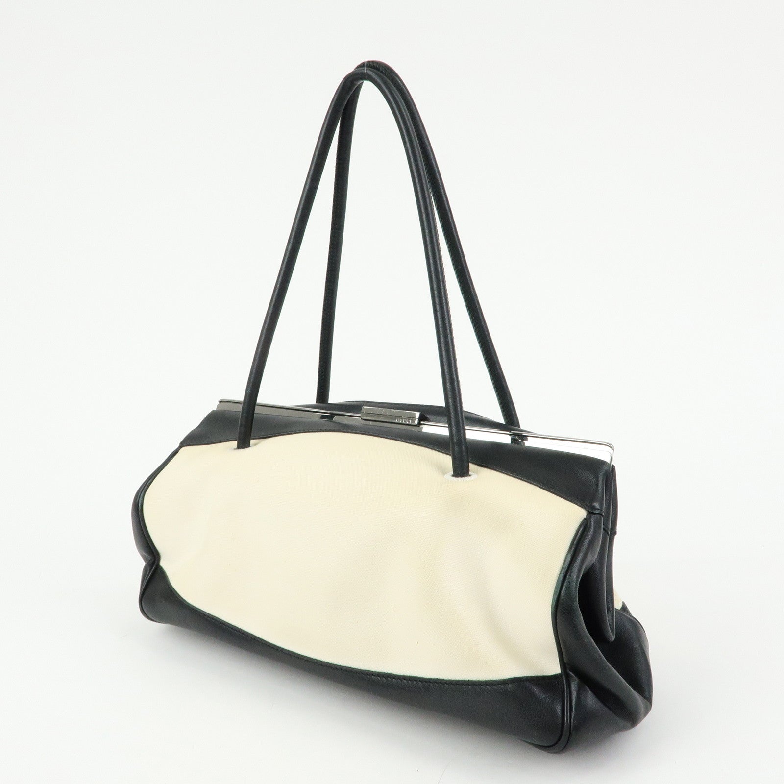 GUCCI Canvas Leather Hand Bag Ivory Black 92726