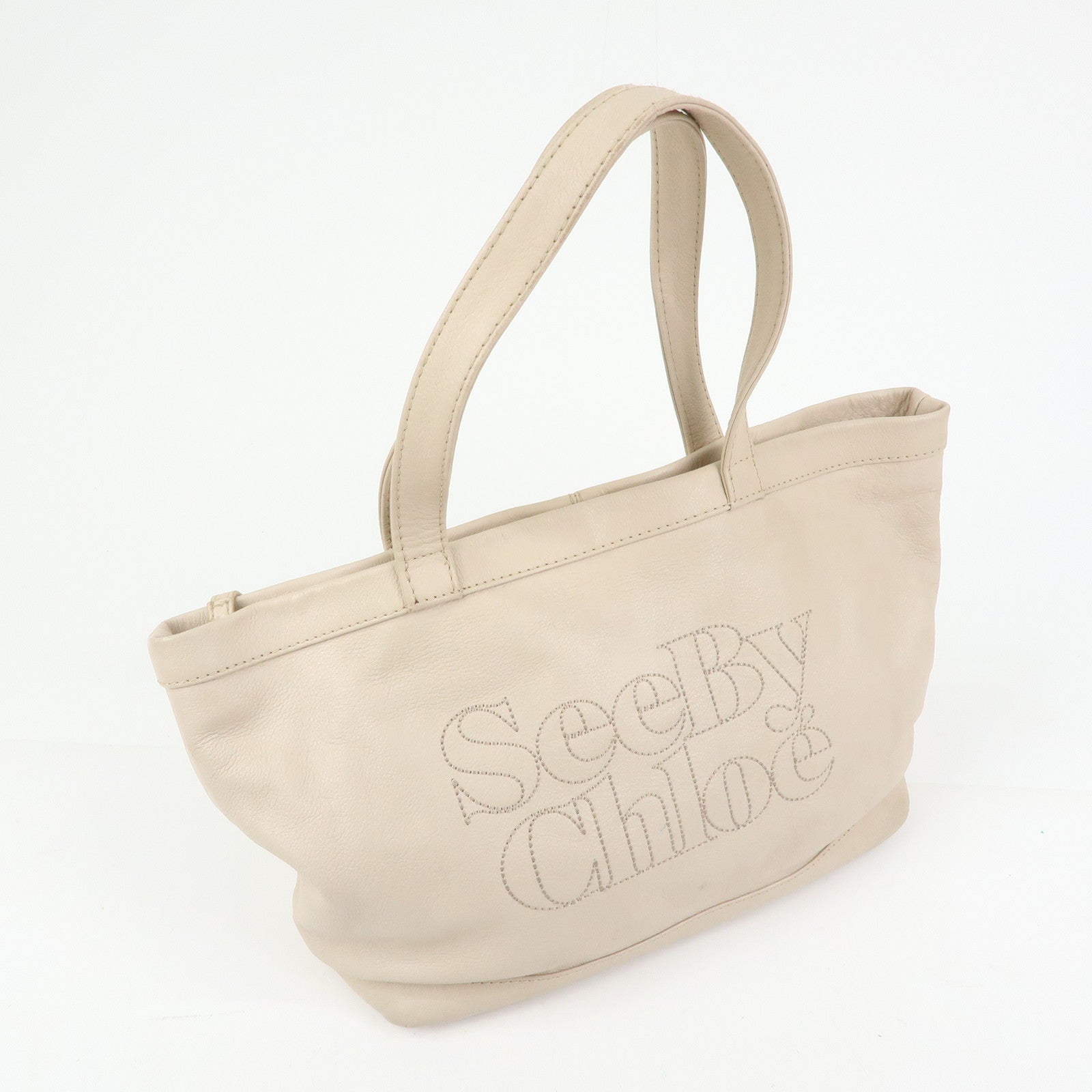 Chloe See by Chole Leather Tote Bag Hand Bag Pouch Beige