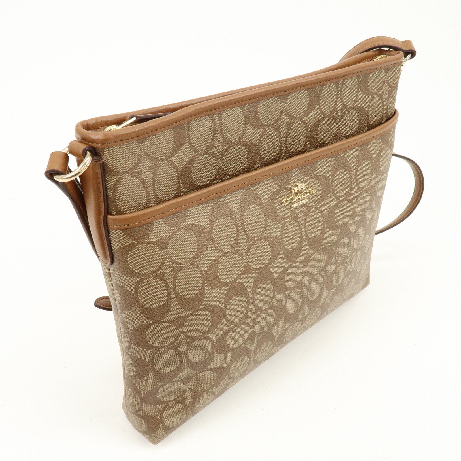 COACH Signature PVC Coated Canvas Leather Shoulder Bag Beige Brown