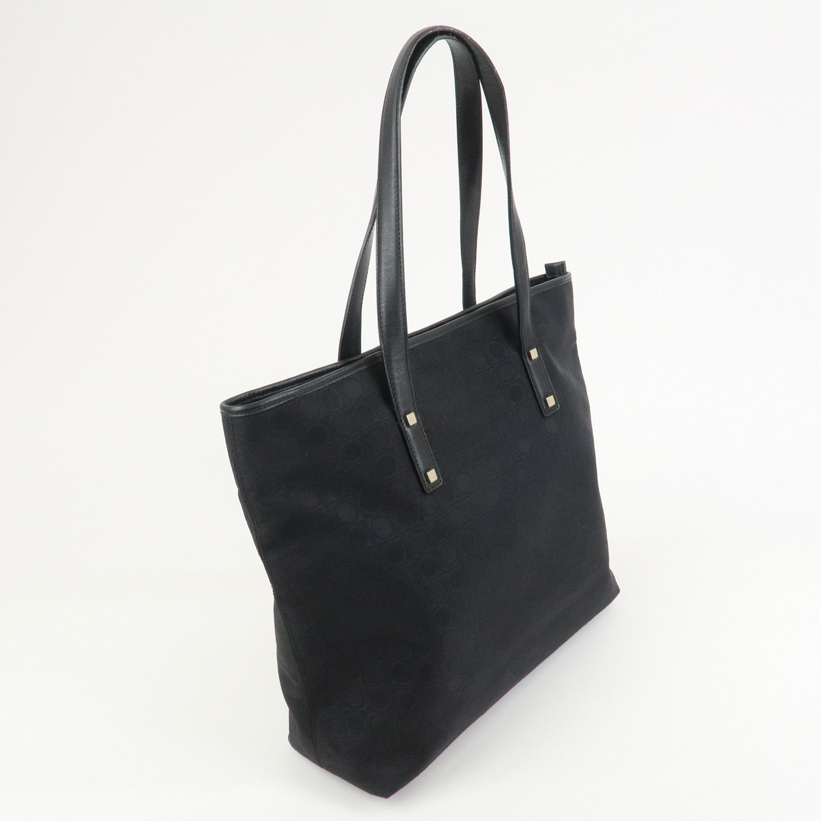 Ferragamo Gancini Canvas Leather Tote Bag Black AAU-21-2812