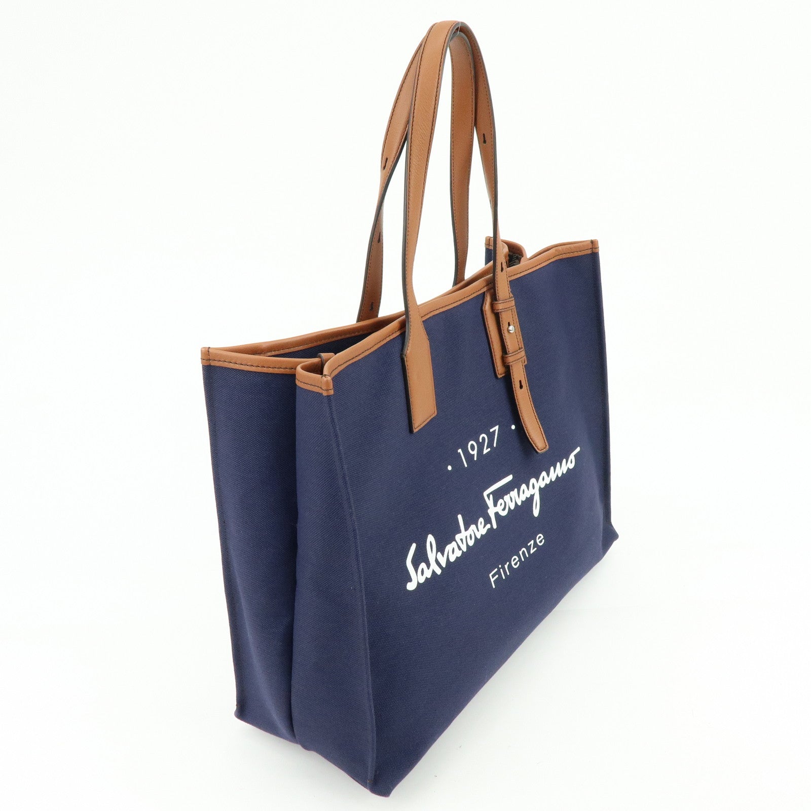 Ferragamo 1927 Signature Canvas Leather Tote Bag Navy Brown