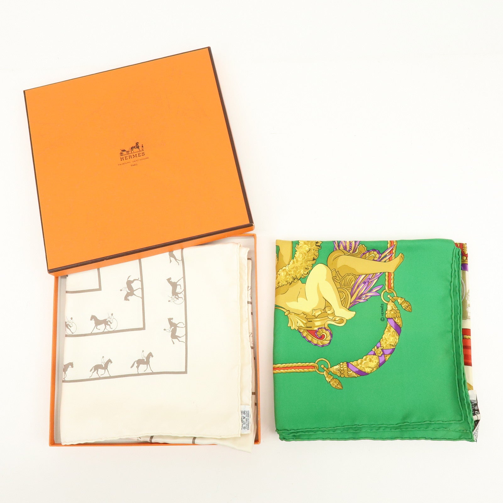 HERMES Carre 90 Set of 2 Silk 100% Scarf Green Gold Ivory