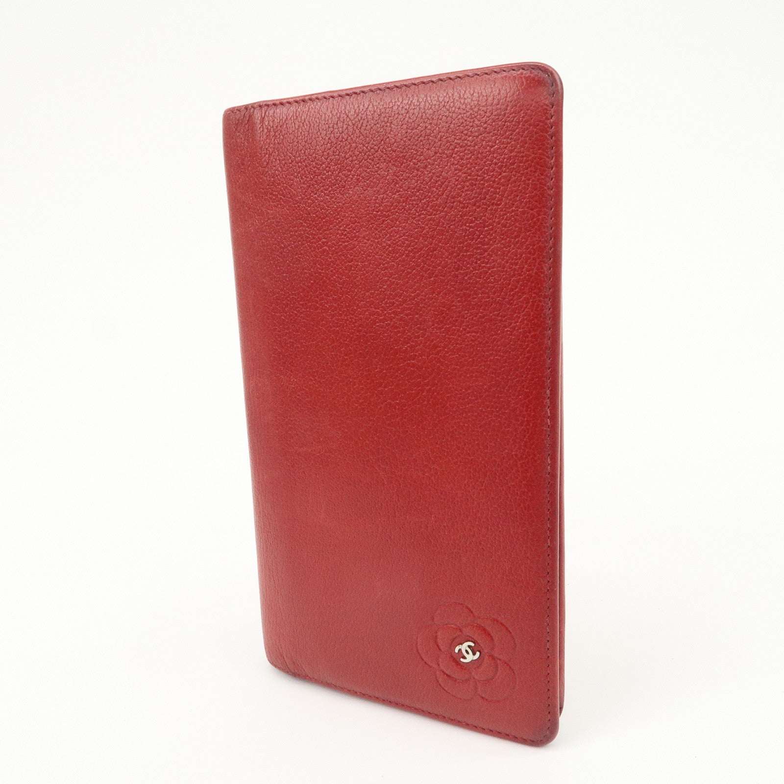 CHANEL COCO Mark Camellia Logo Leather Flap Long Wallet Red