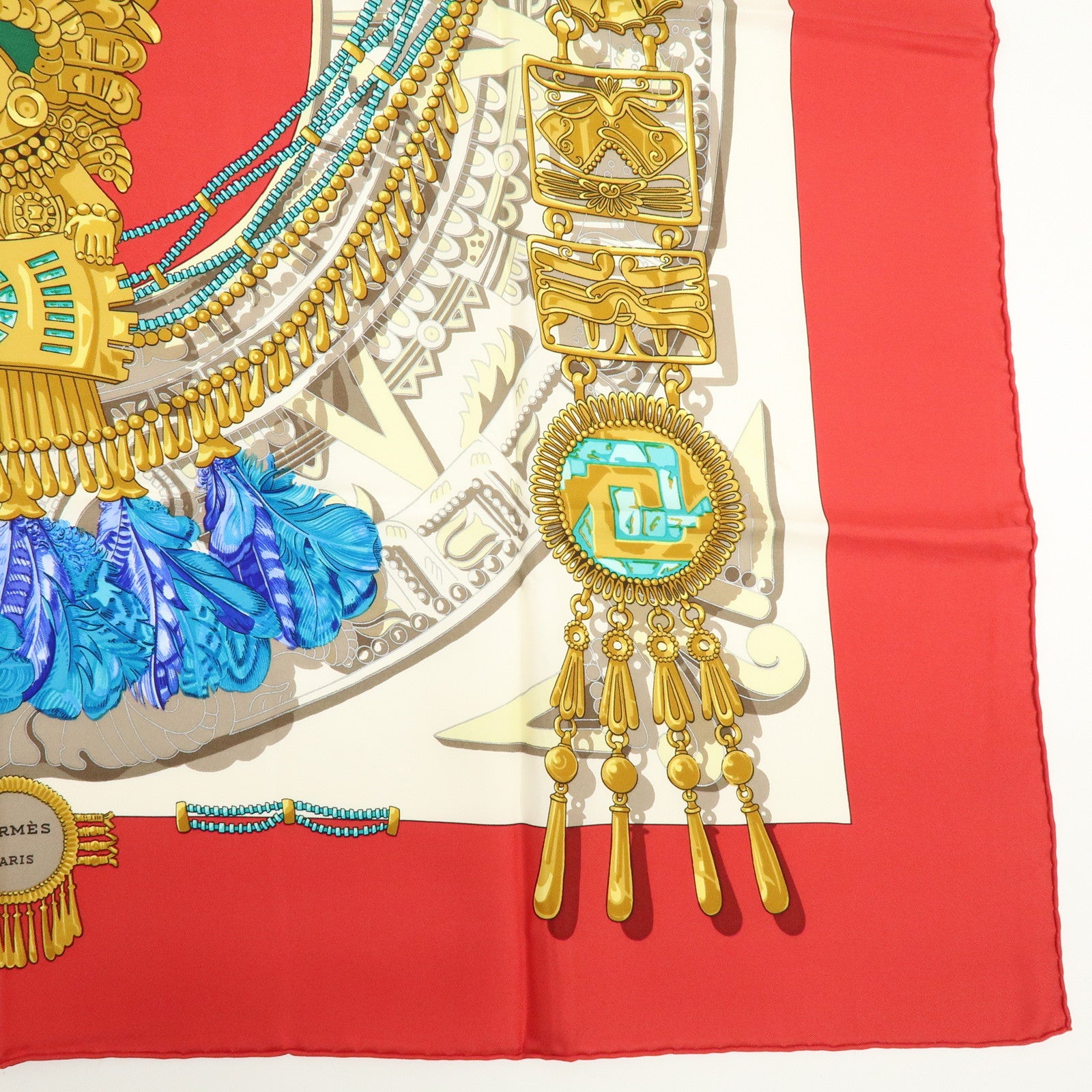 HERMES Carre 90 Silk 100% Scarf MEXIQUE Red Gold Blue