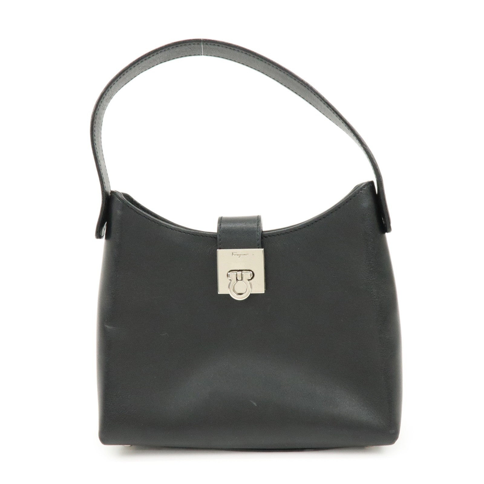 Ferragamo Gancini Leather Hobo Hand Bag Black