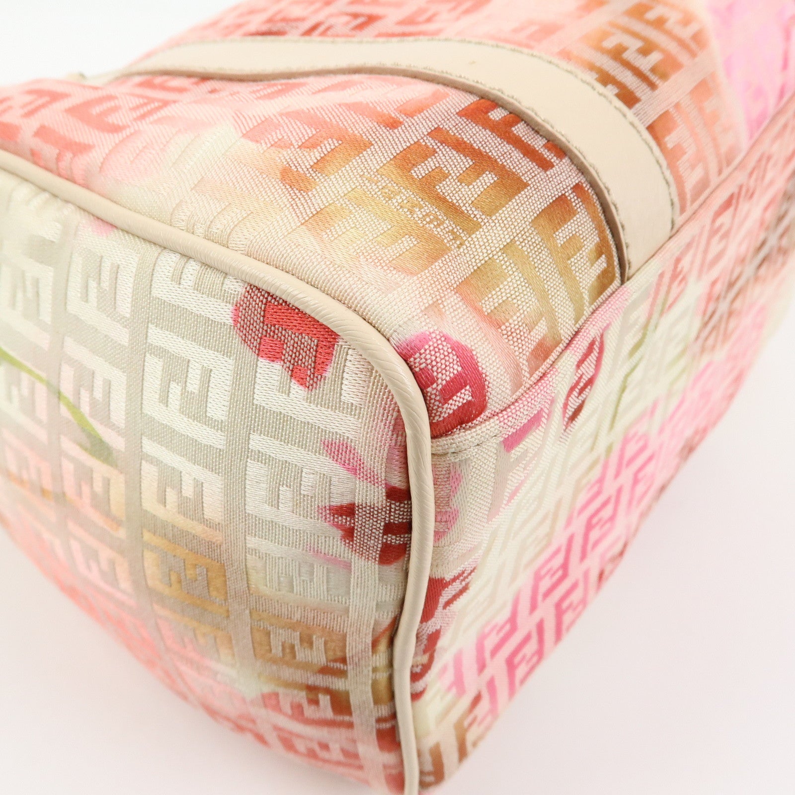 FENDI Zucchino Canvas Leather Mini Boston Bag Hand Bag Pink Ivory