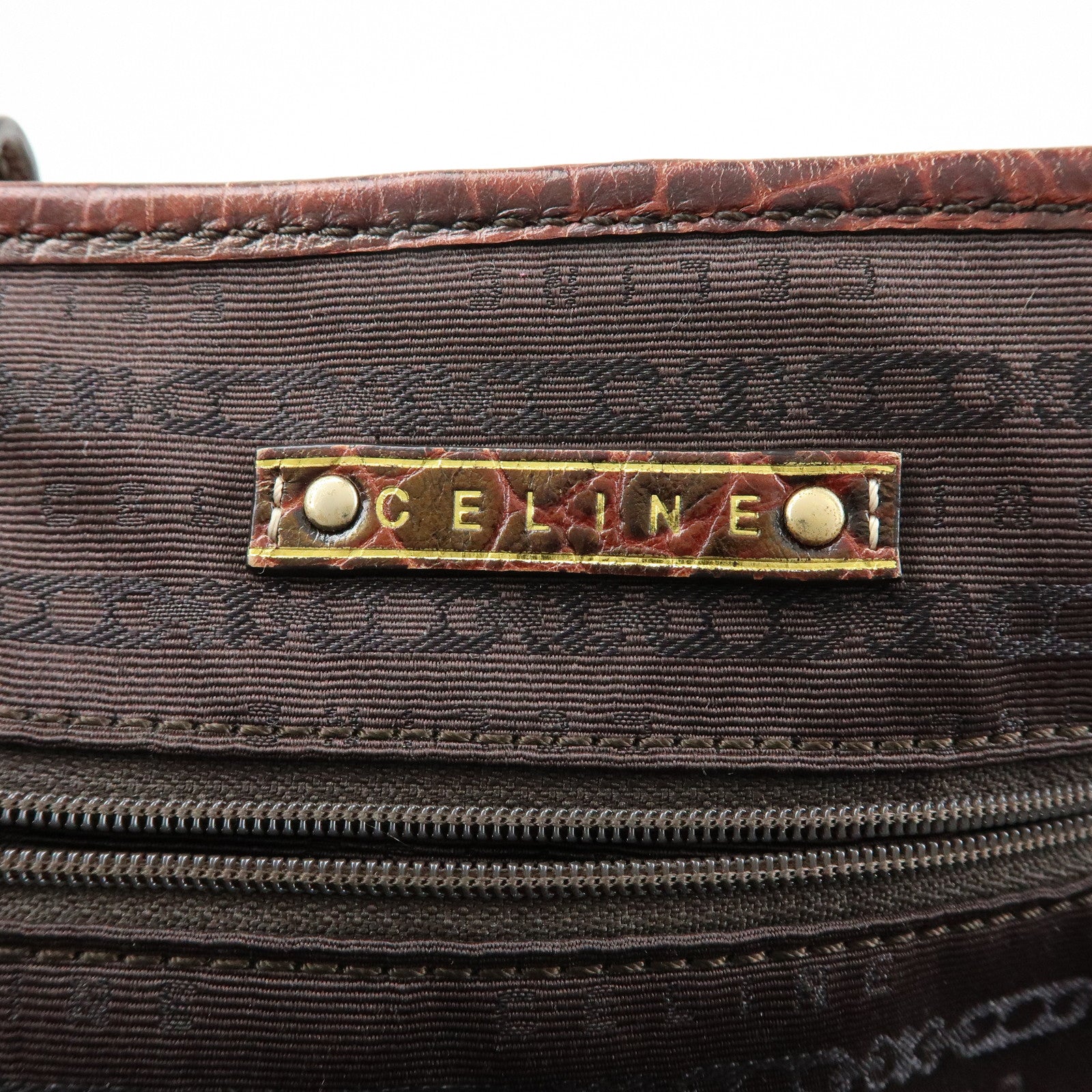 CELINE Logo Canvas Embossed Leather Tote Bag Hand Bag Brown