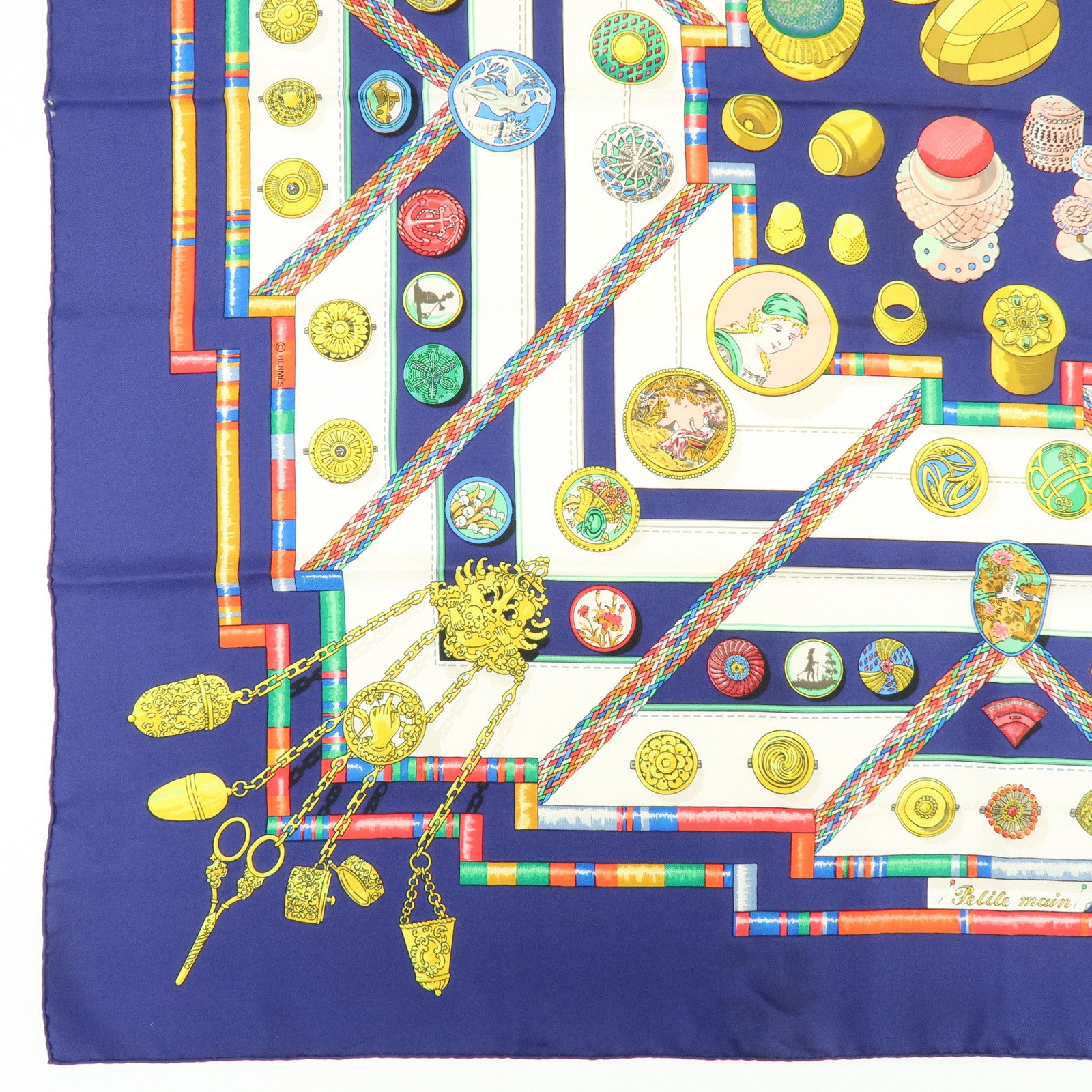 HERMES Carre 90 Silk 100% Scarf Petite Main Navy Multicolor