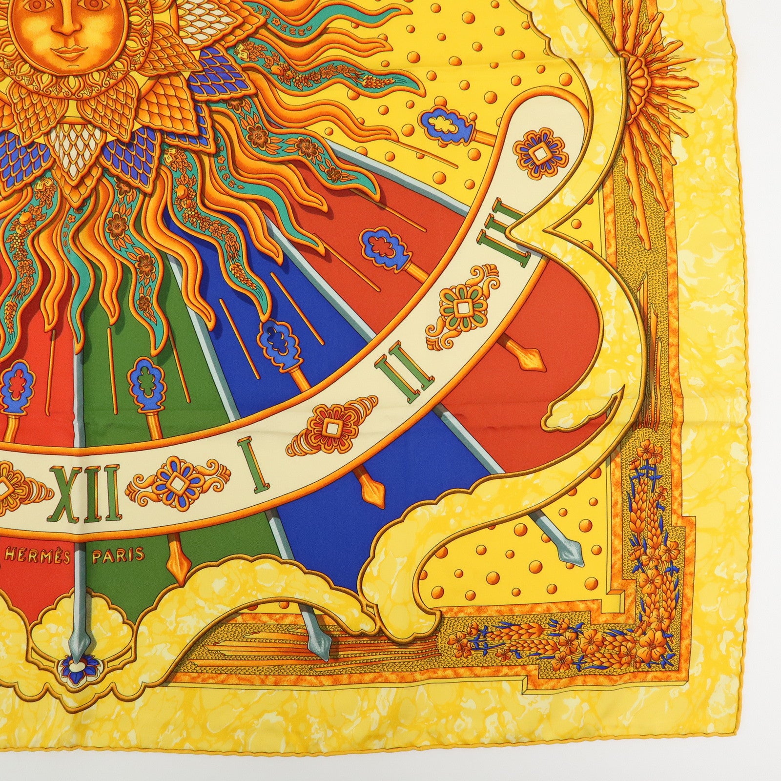 HERMES Carre 90 Silk 100% Scarf GLORIA SOLI Yellow Green Orange
