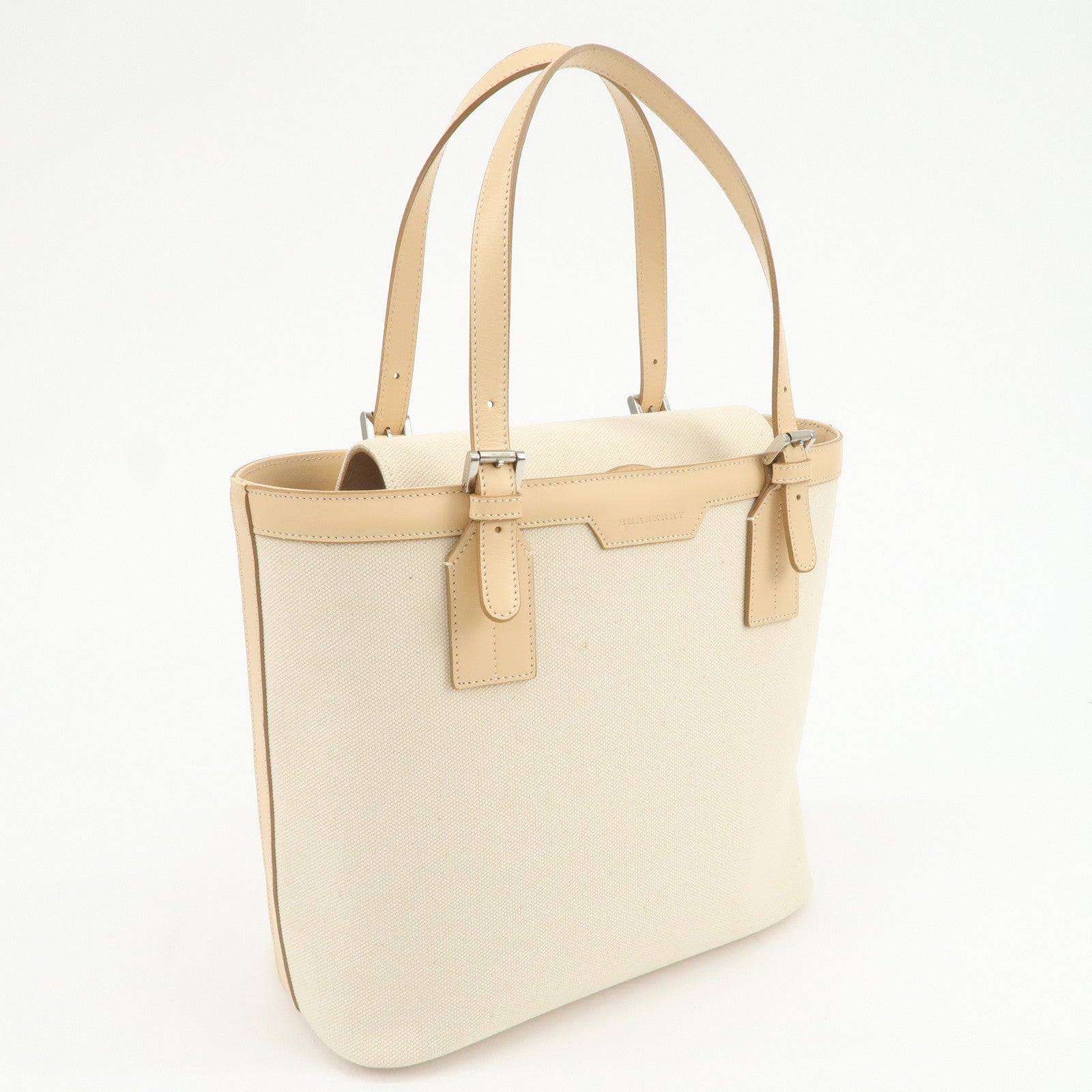 BURBERRY Cotton Leather Tote Bag Hand Bag Natural Beige