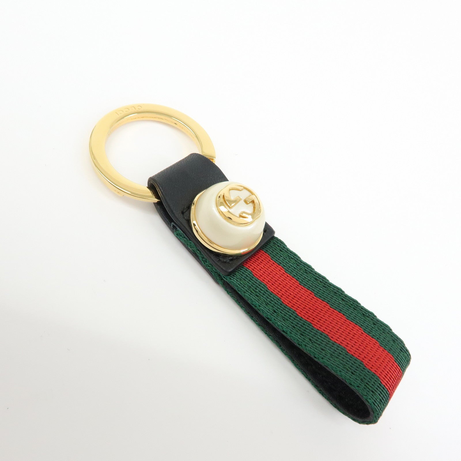 GUCCI Sherry Canvas Leather Bag Charm Key Holder Black 476390