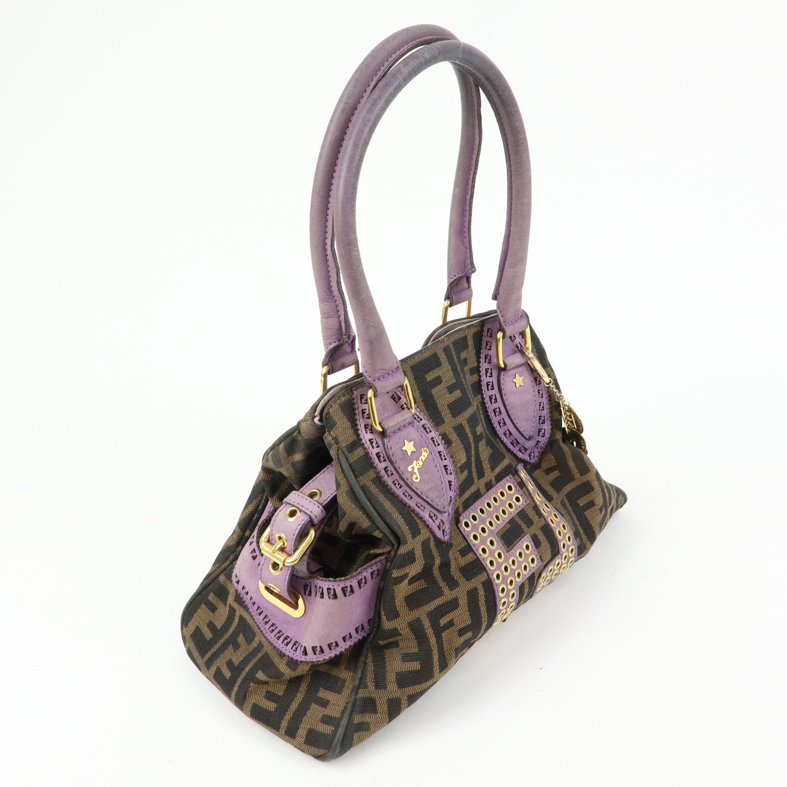 FENDI Ethnico Zucca Canvas Leather Shoulder Bag Brown Purple 8BN157