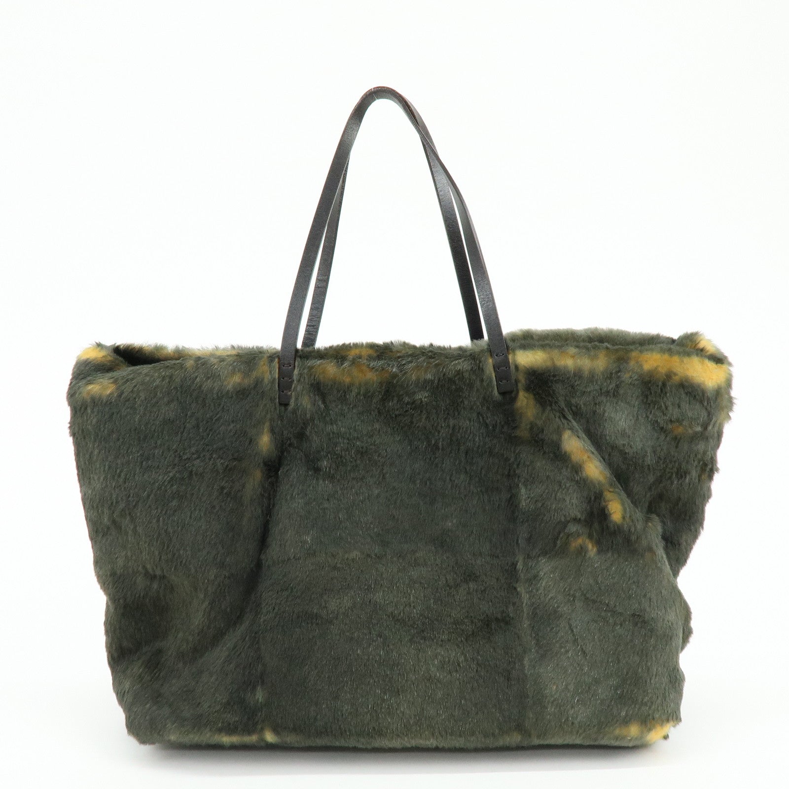 FENDI Fur Leather Tote Bag Hand Bag Brown Yellow 8BH005