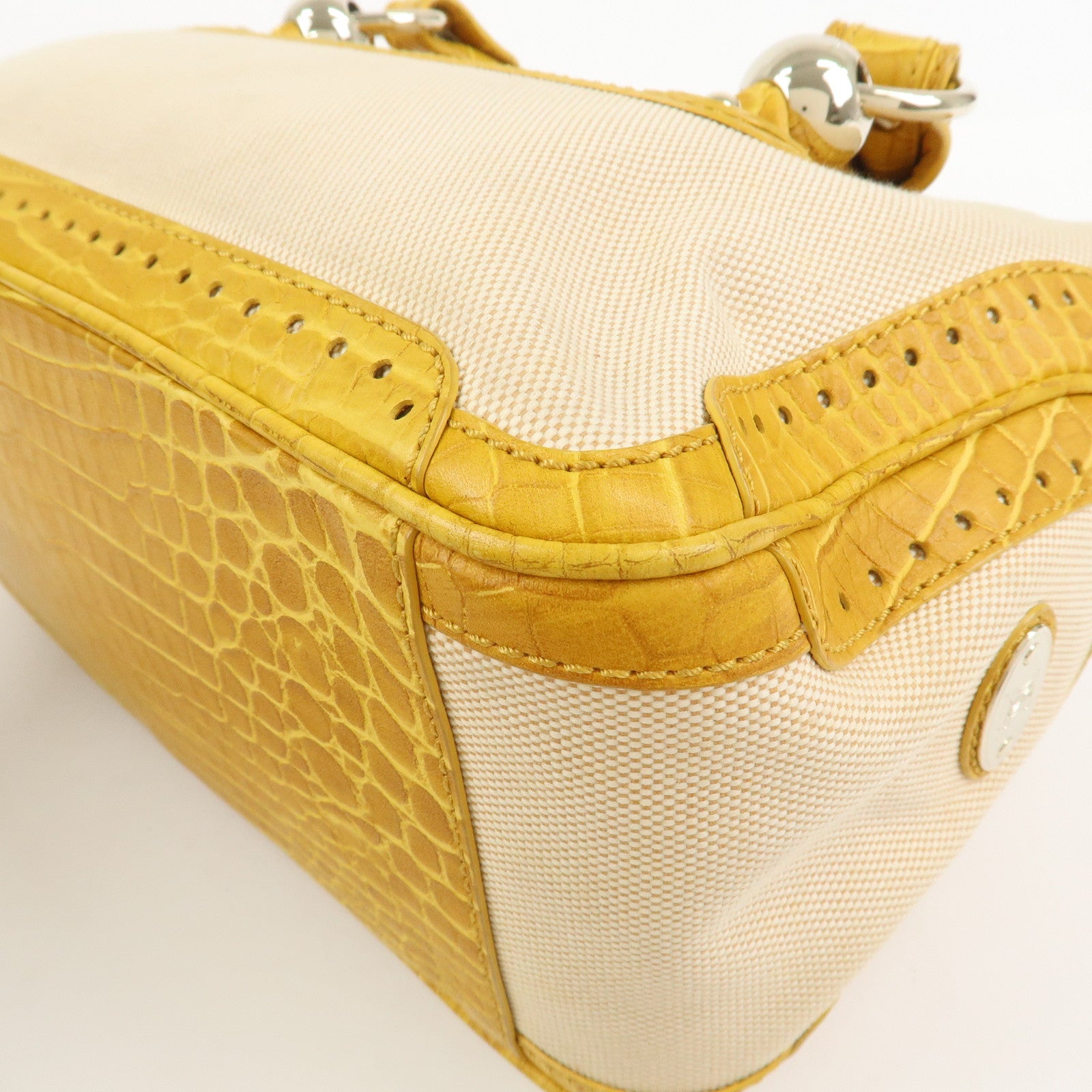 CELINE Boogie Bag Canvas Embossed Leather Hand Bag Natural Yellow