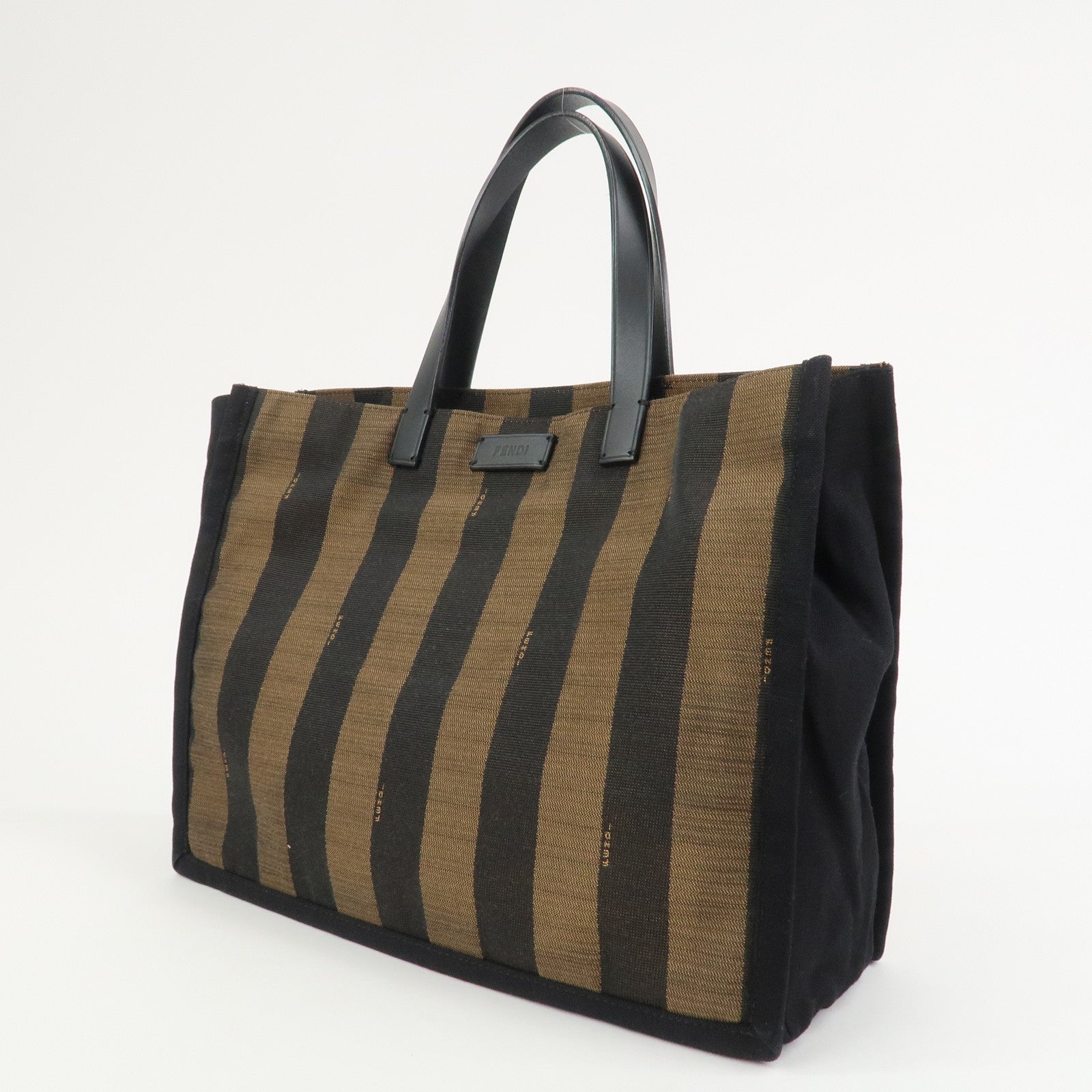 FENDI Pequin Canvas Leather Tote Bag Hand Bag Black Brown 8BH252