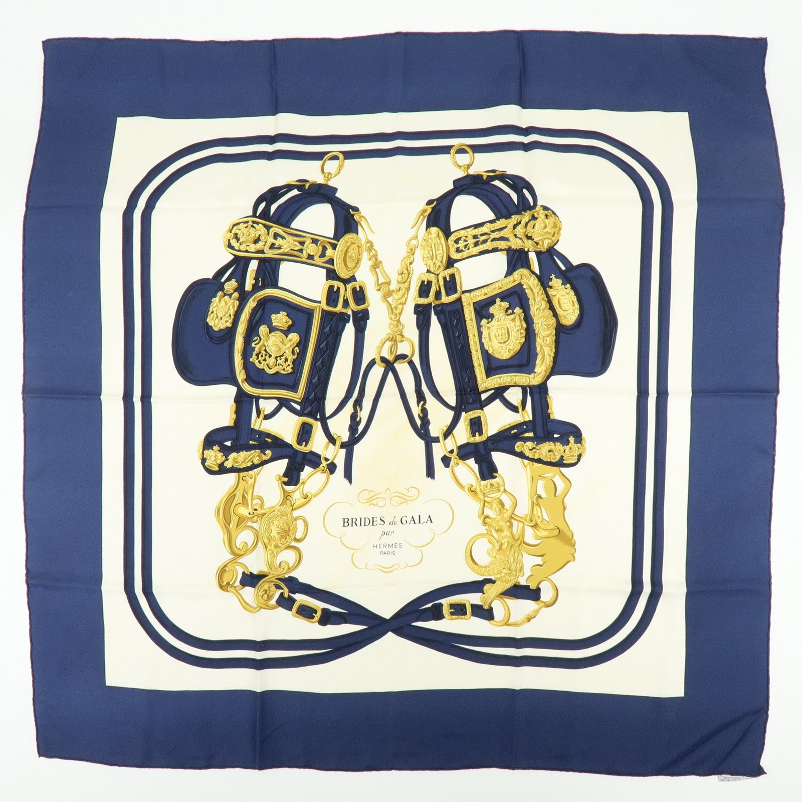 HERMES Carre 90 Set of 2 Silk 100% Scarf Navy Ivory Green Purple