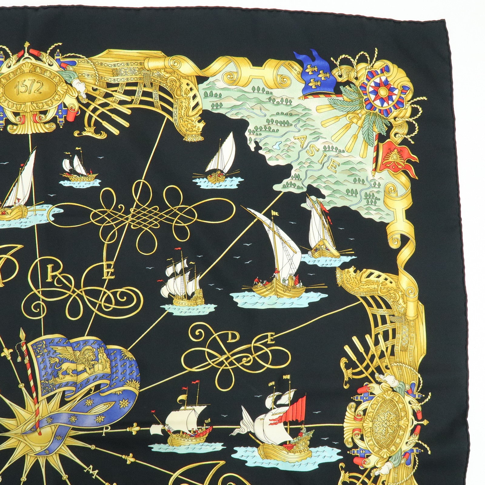 HERMES Carre 90 Set of 2 Silk 100% Scarf Black Gold Brown
