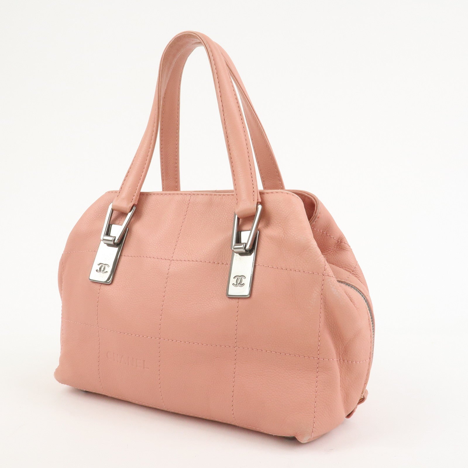 CHANEL Chocolate Bar Calf Leather Boston Bag Hand Bag Pink