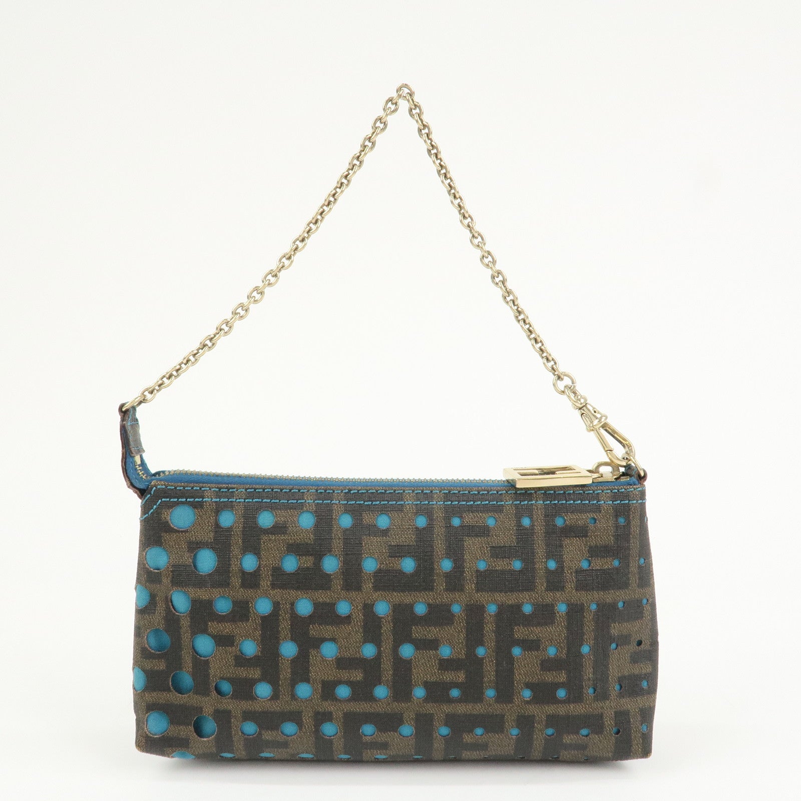 FENDI Zucca PVC Canvas Chain Accessory Pouch Brown Blue 8BR592