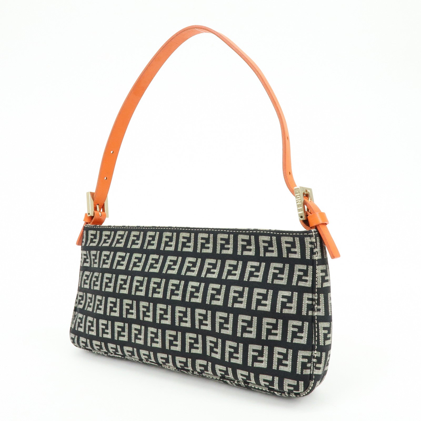 FENDI Zucchino Canvas Leather Shoulder Bag Black Orange 8BR042