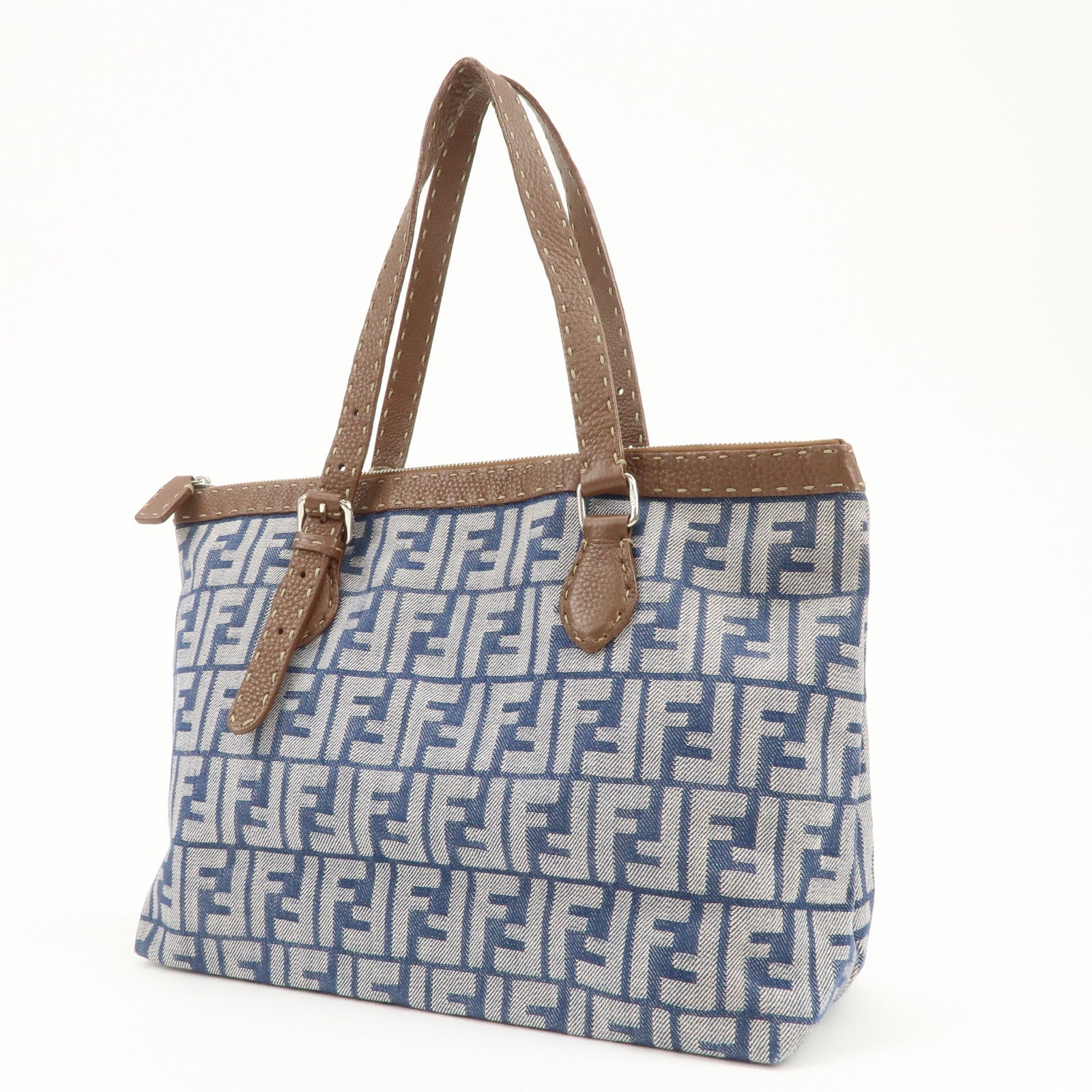 FENDI Zucca Seleria Denim Leather Tote Bag Hand Bag Blue 8BH179